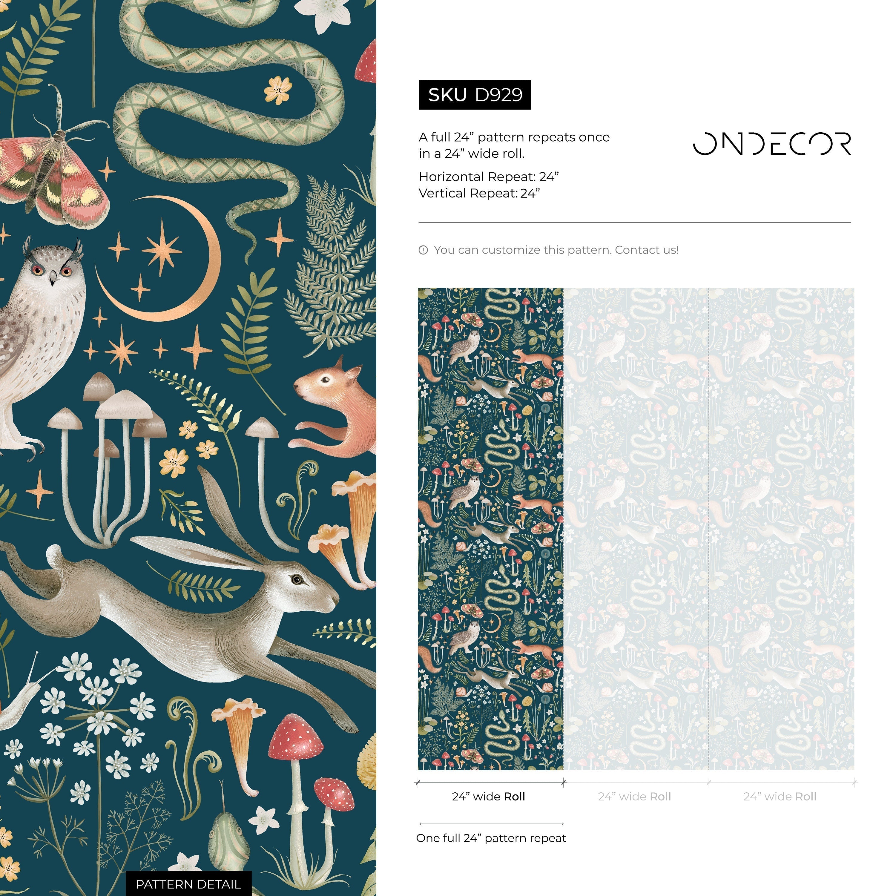 Woodland Wallpaper With Forest Animals And Flora In Teal, Orange, And Green - D929