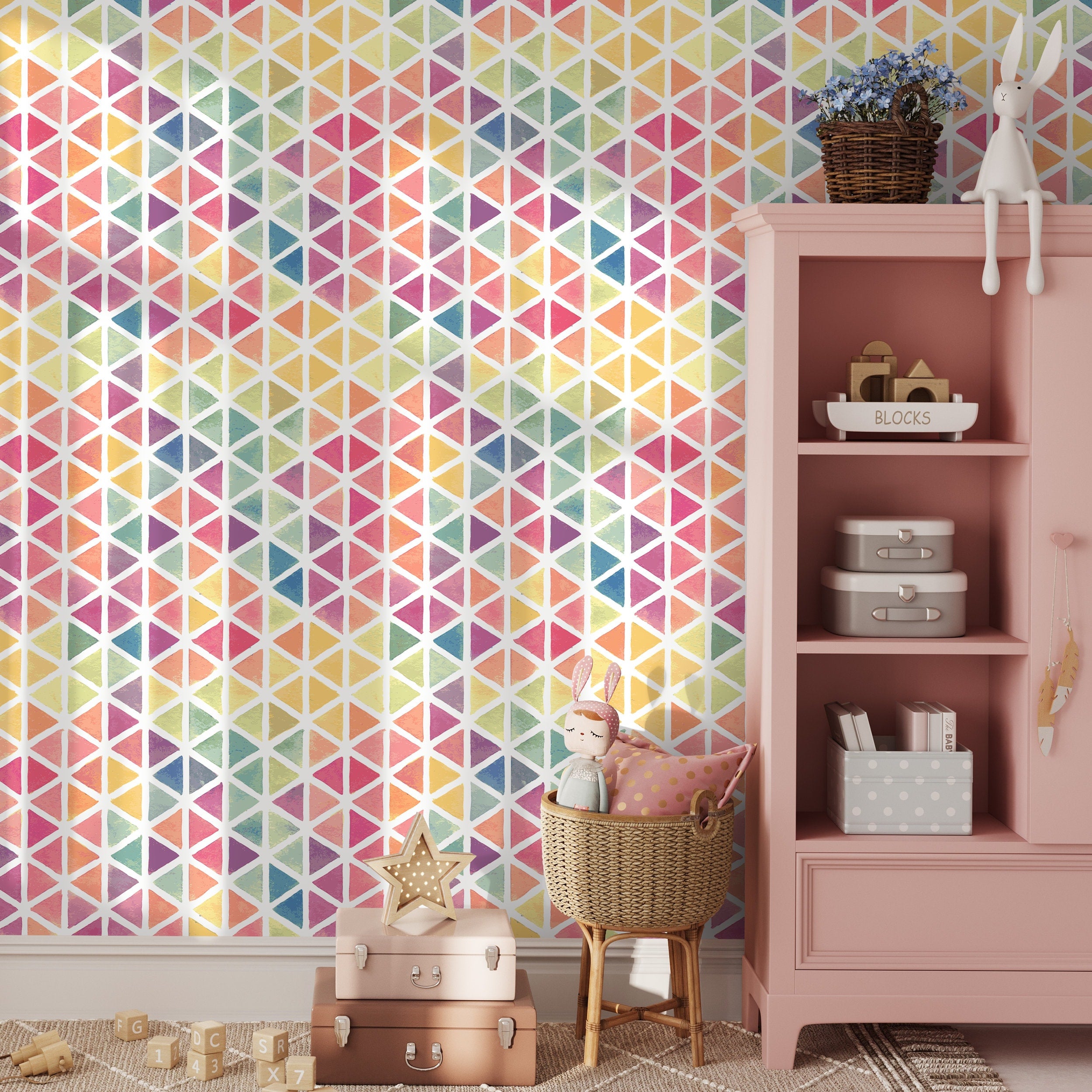 Geometric Wallpaper With A Watercolor Triangle Motif In Pink, Blue, And Yellow - A157