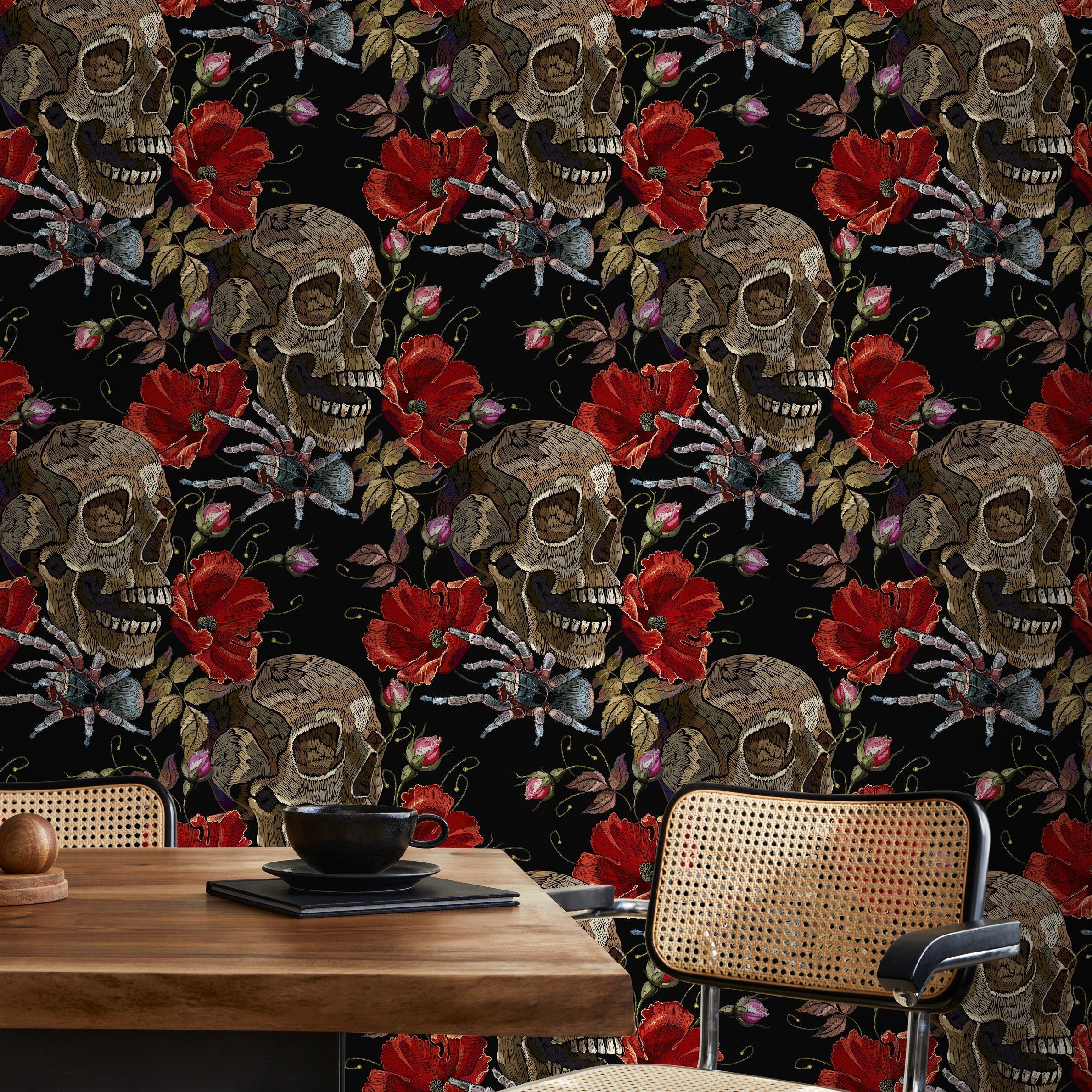 Gothic Wallpaper With An Embroidered Skull And Spider Motif In Red, Brown, And Black - D916