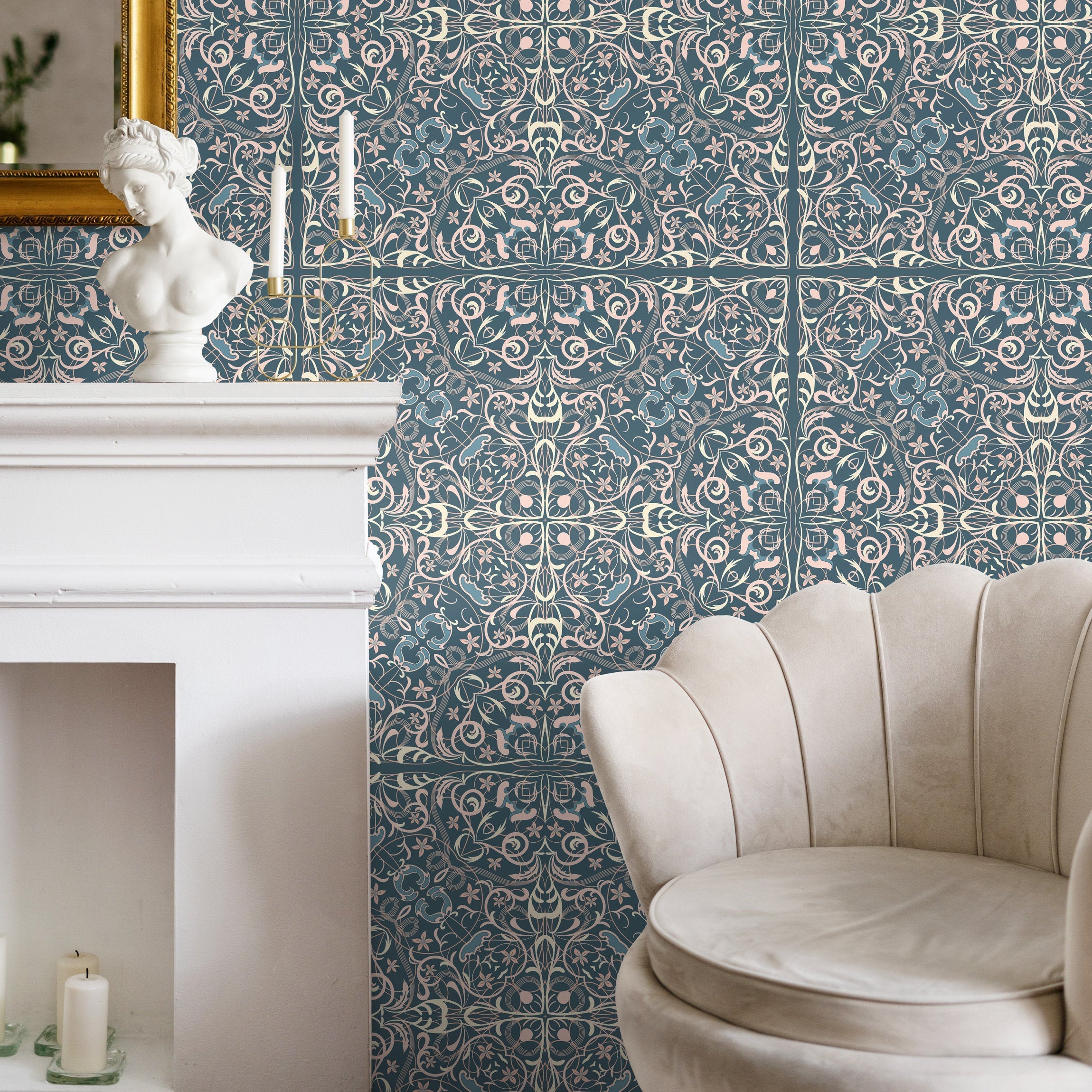 Tile Wallpaper With An Ornate Azulejos Motif In Teal, Pink, And Cream - A586