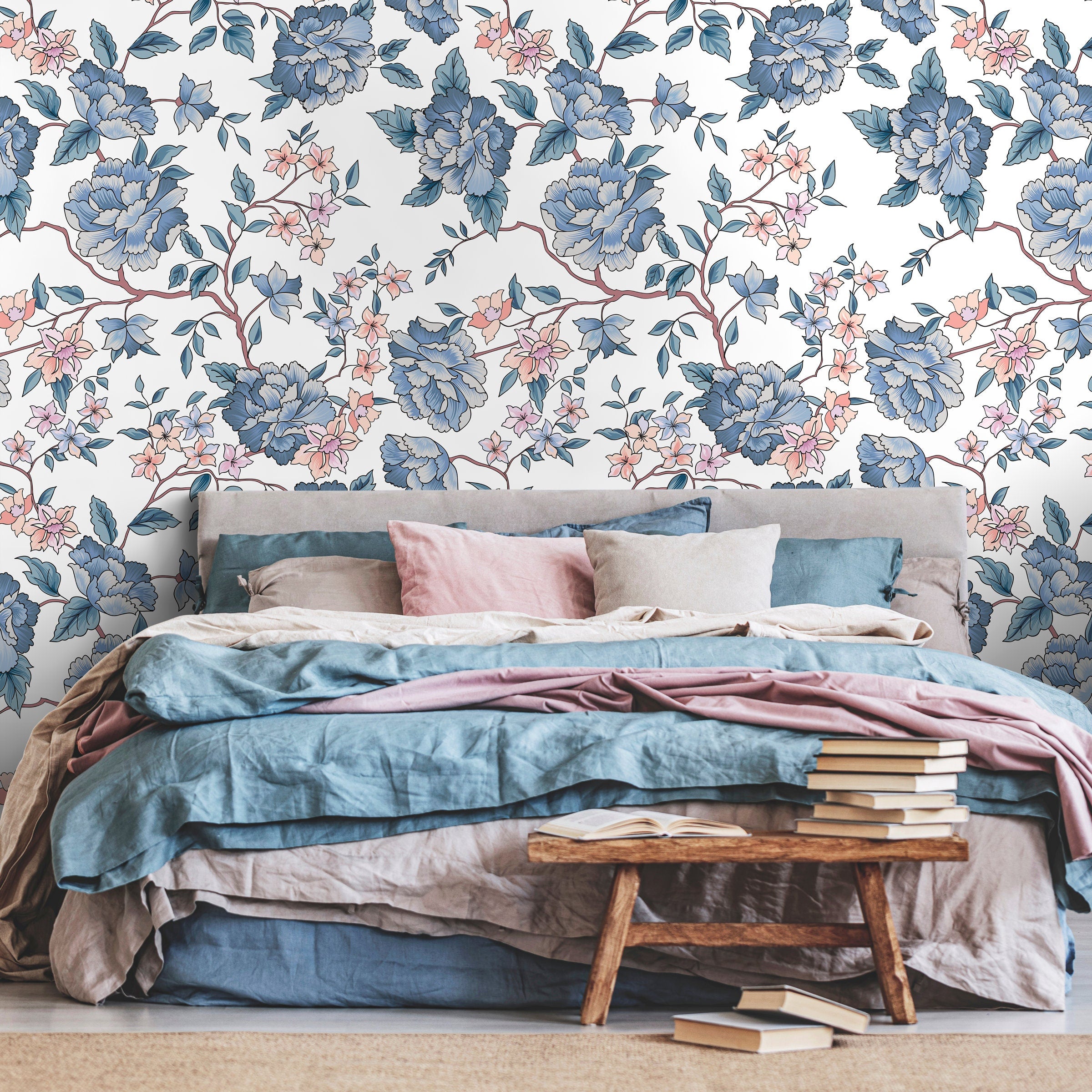 Vintage Floral Wallpaper With Peonies And Blossoms In Blue And Pink - A594