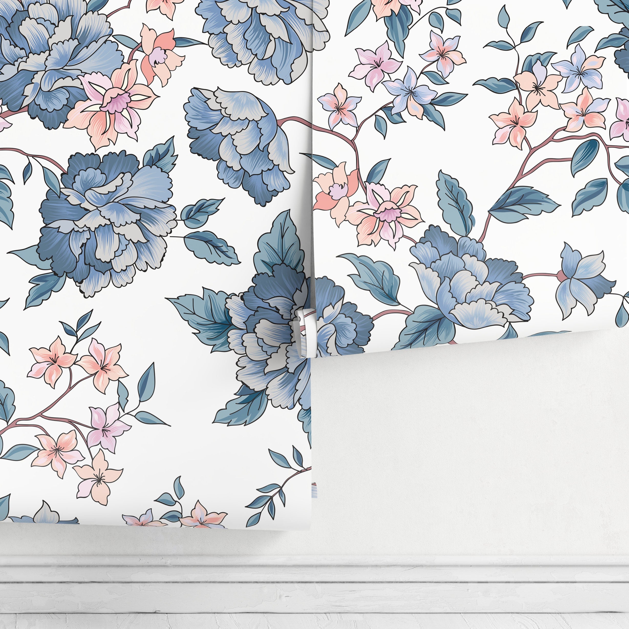 Vintage Floral Wallpaper With Peonies And Blossoms In Blue And Pink - A594