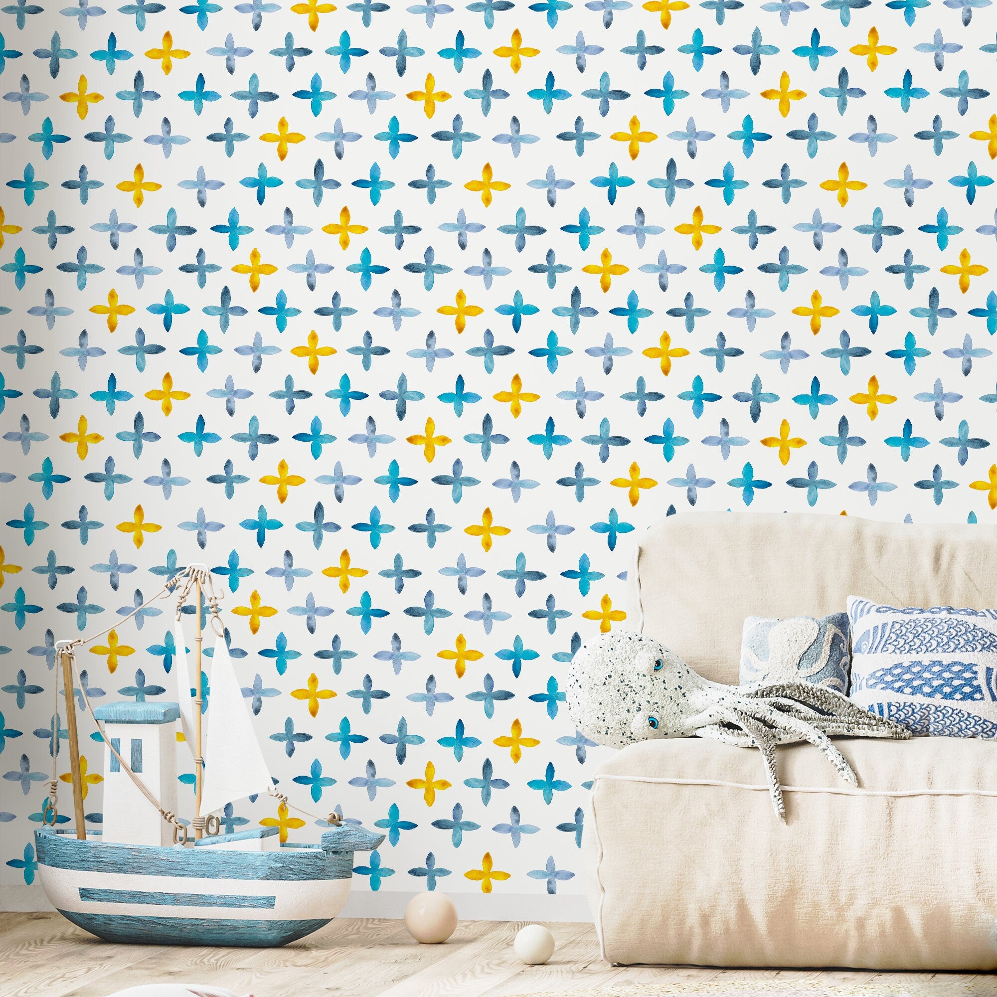 Geometric Wallpaper With Watercolor Crosses In Blue And Yellow - A603