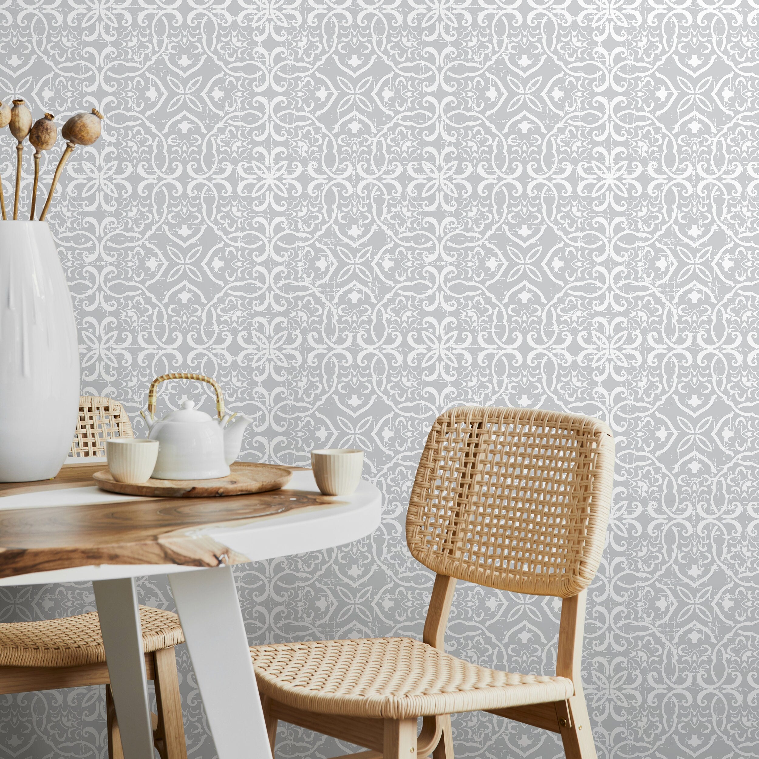 Tile Wallpaper With A Distressed Damask Motif In Gray And White - A610