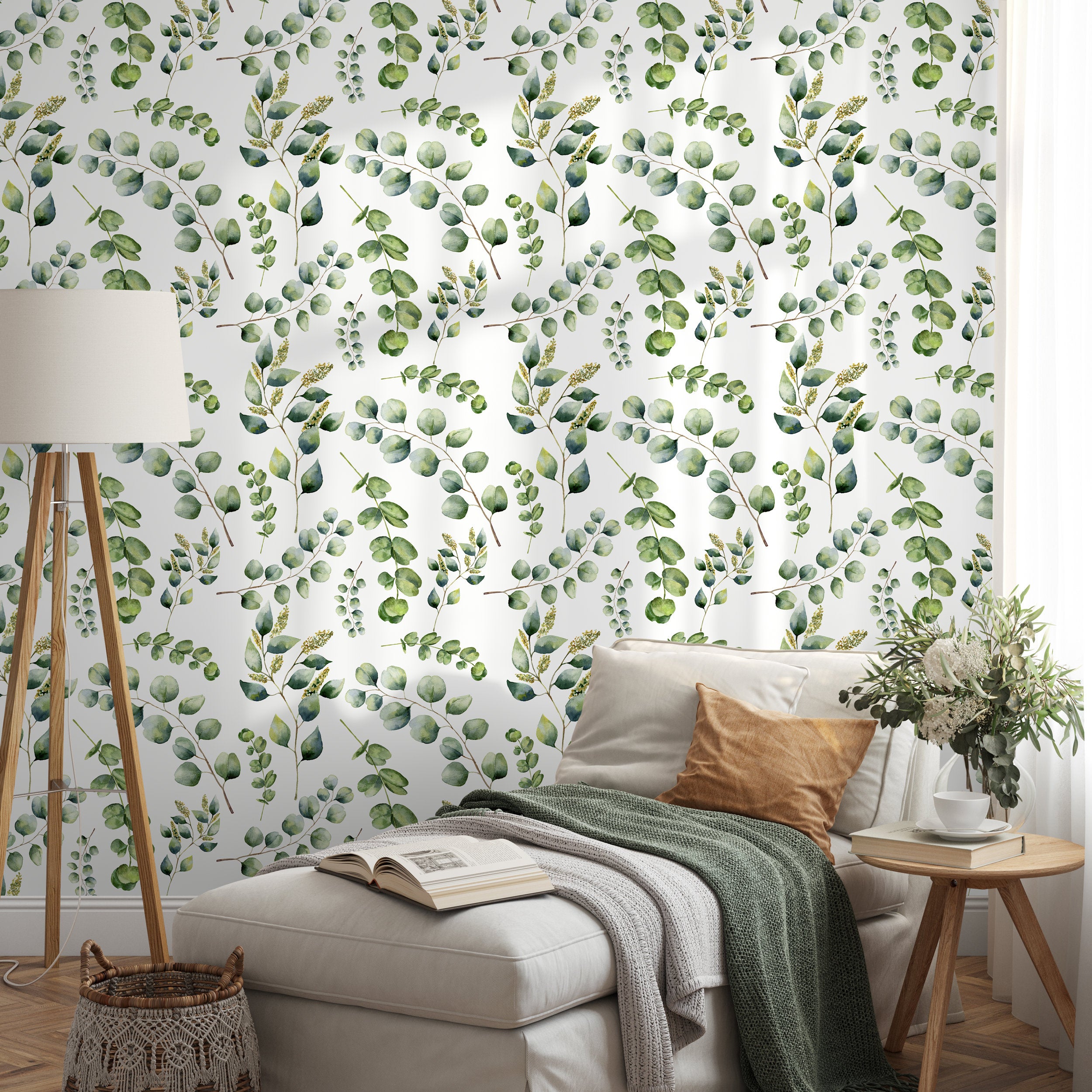 Botanical Wallpaper With A Watercolor Eucalyptus Motif In Green And Brown - A649