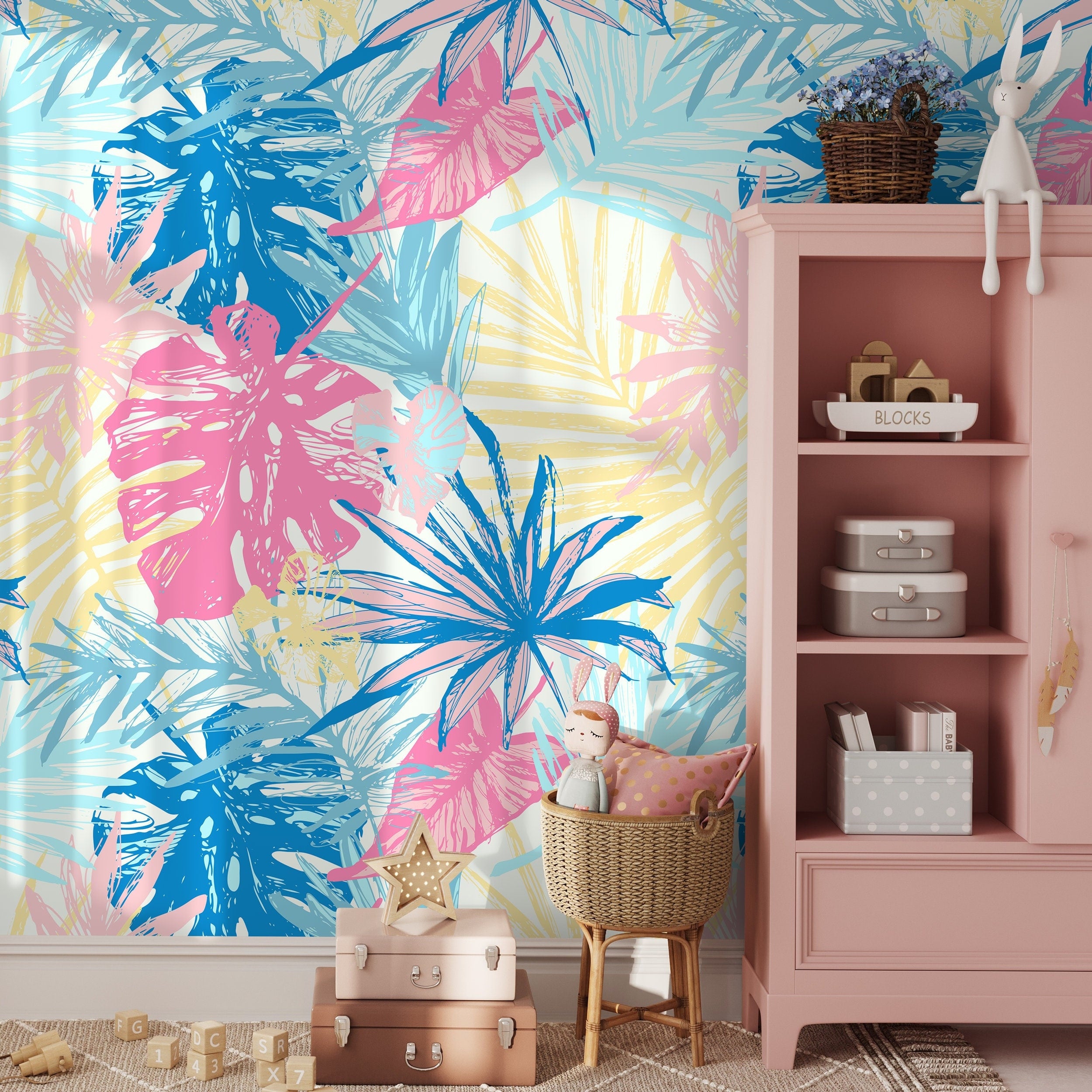 Tropical Wallpaper With A Painterly Leaf Motif In Blue, Pink, And Yellow - A652