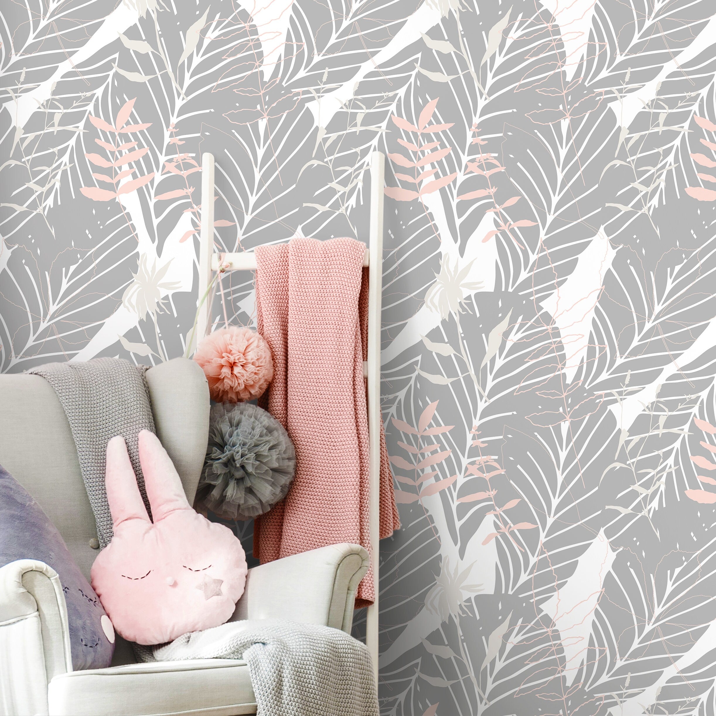Botanical Wallpaper With Layered Leaf Silhouettes In Gray, Pink, And White - A678