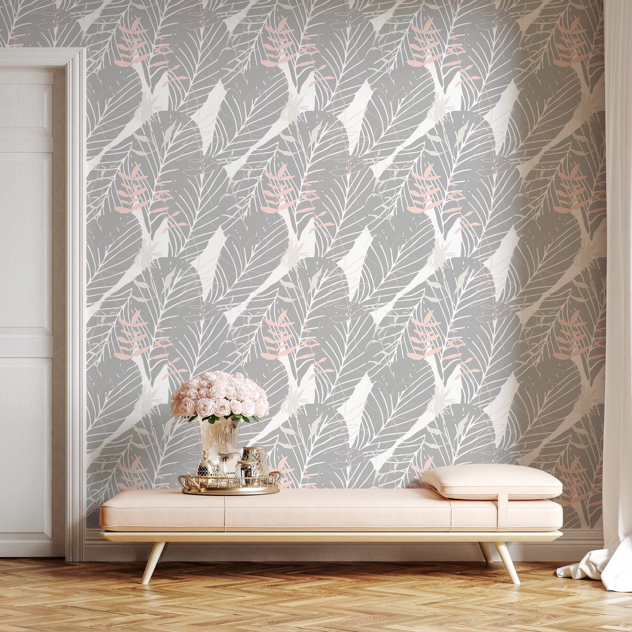 Botanical Wallpaper With Layered Leaf Silhouettes In Gray, Pink, And White - A678