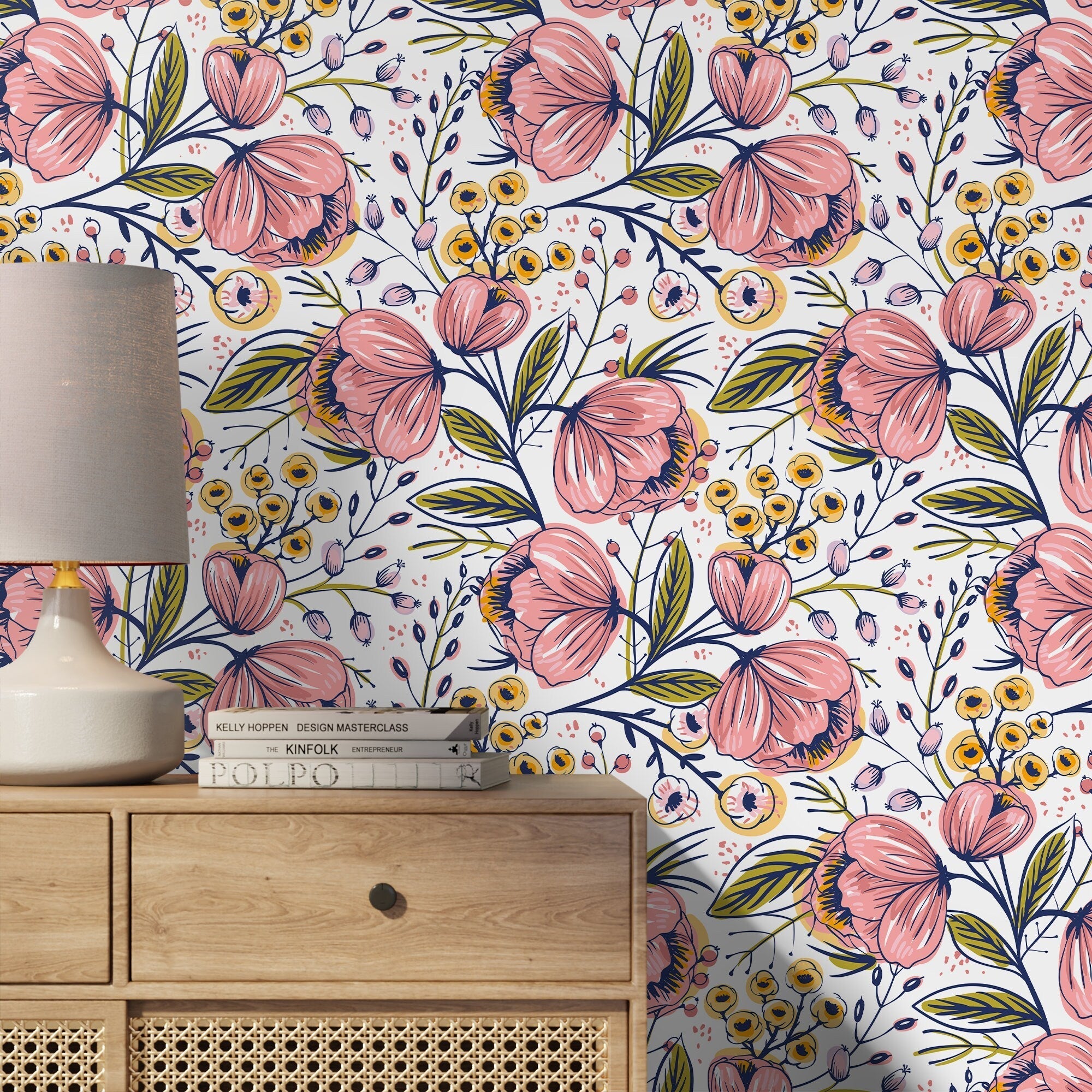 Floral Wallpaper With Stylized Blooms In Pink, Yellow, And Blue - A692