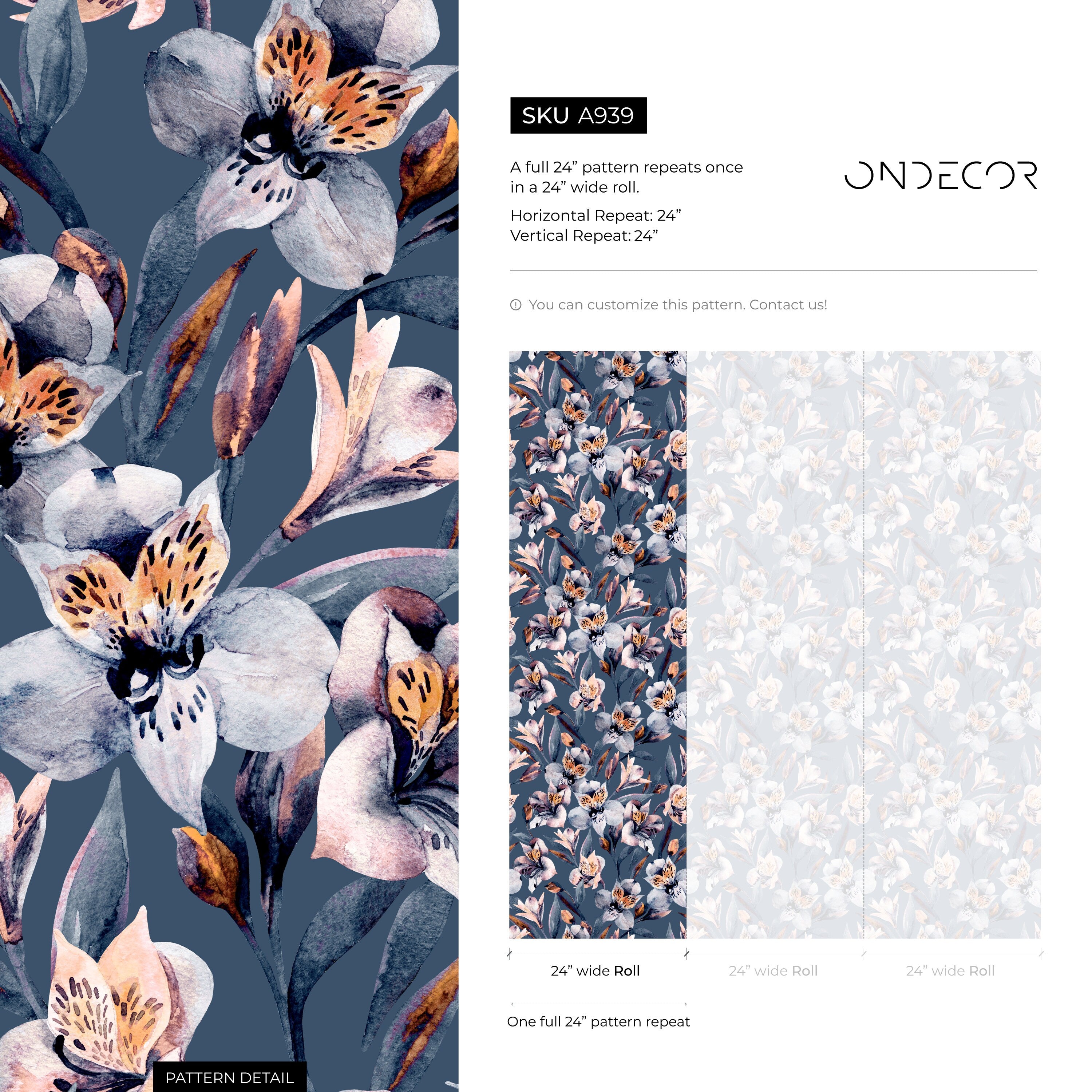 Floral Wallpaper With Painterly Blooms In Blue, Pink, And Orange - A939