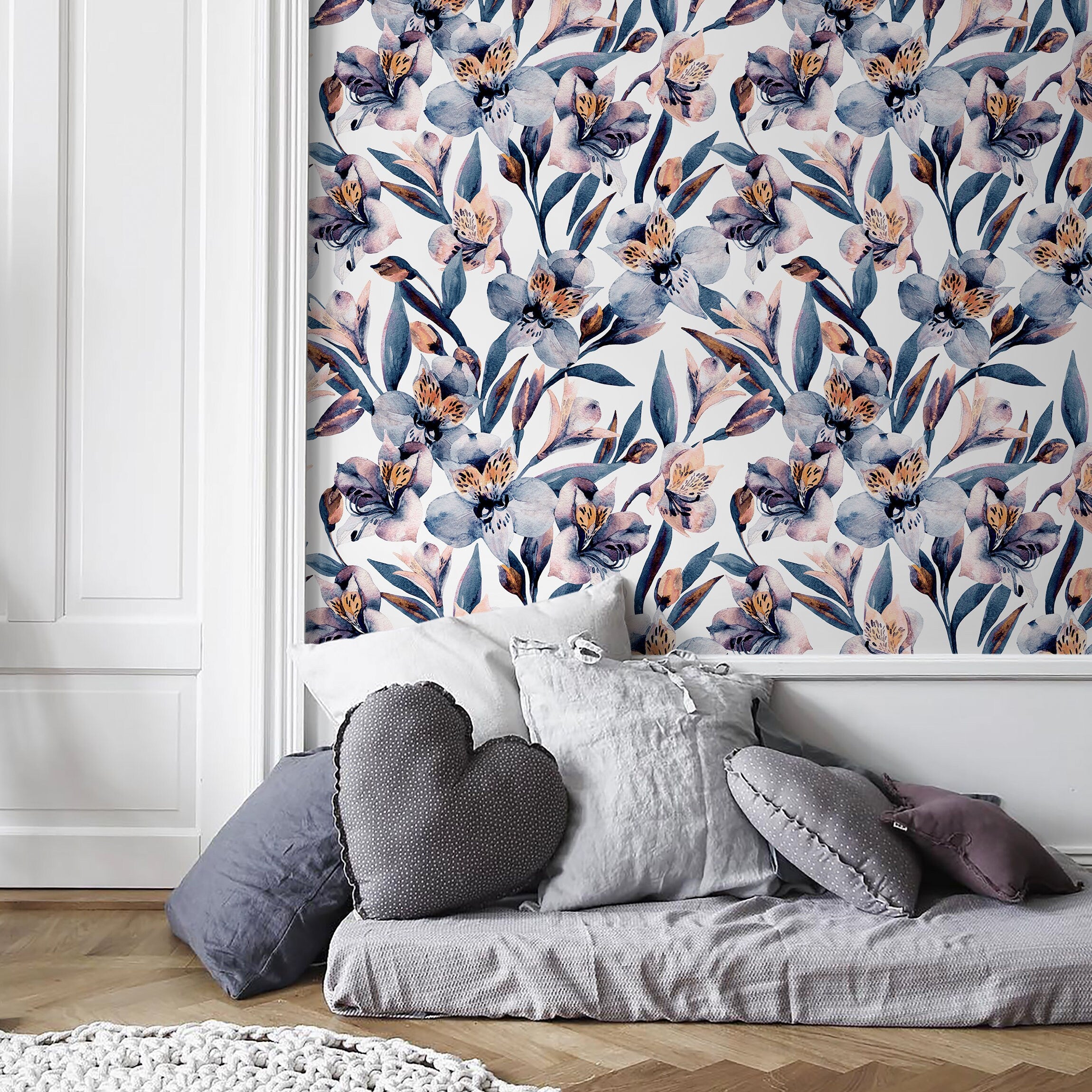 Floral Wallpaper With Watercolor Orchids In Blue, Purple, And Orange - A940