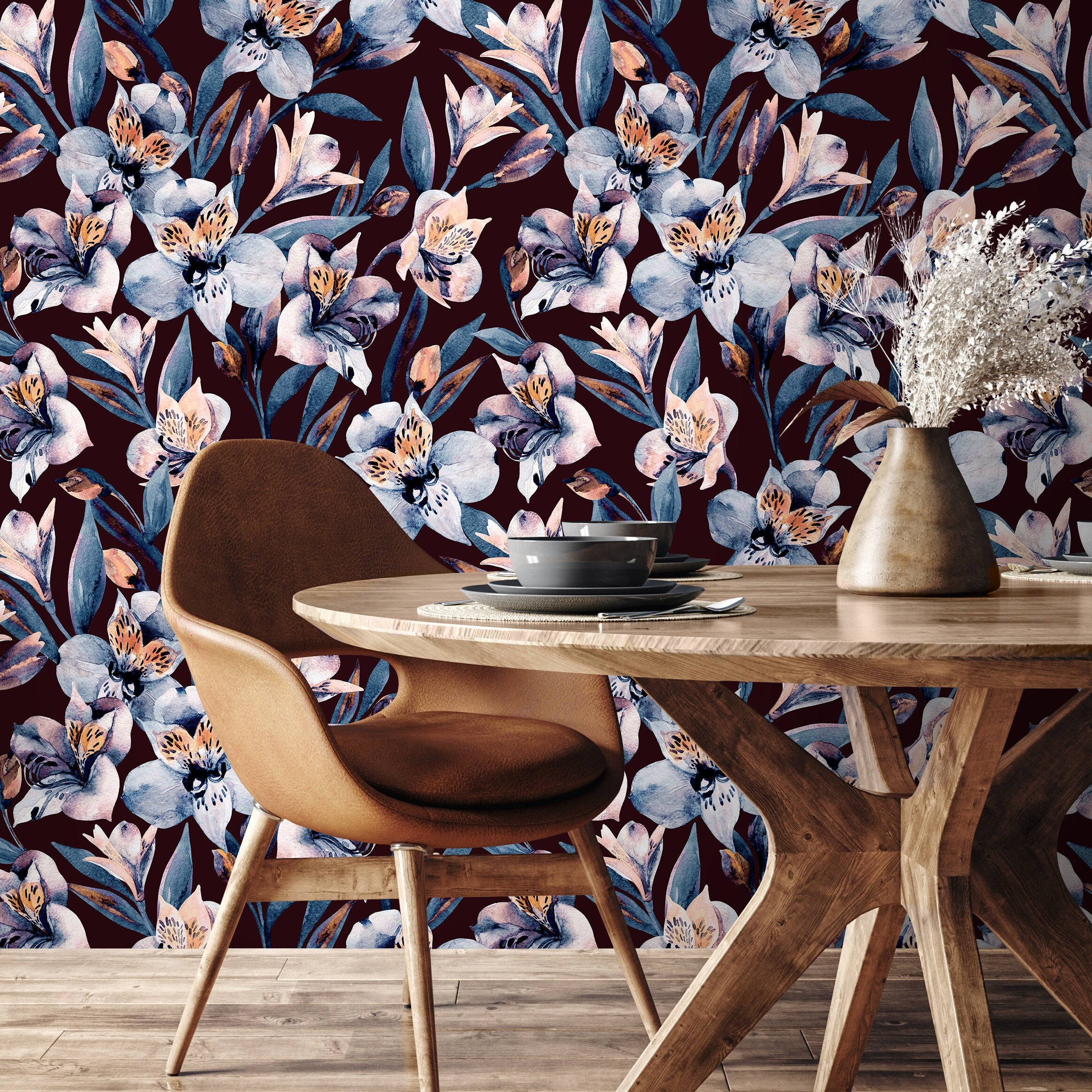Floral Wallpaper Featuring Watercolor Lilies In Blue, Orange, And Burgundy - A942