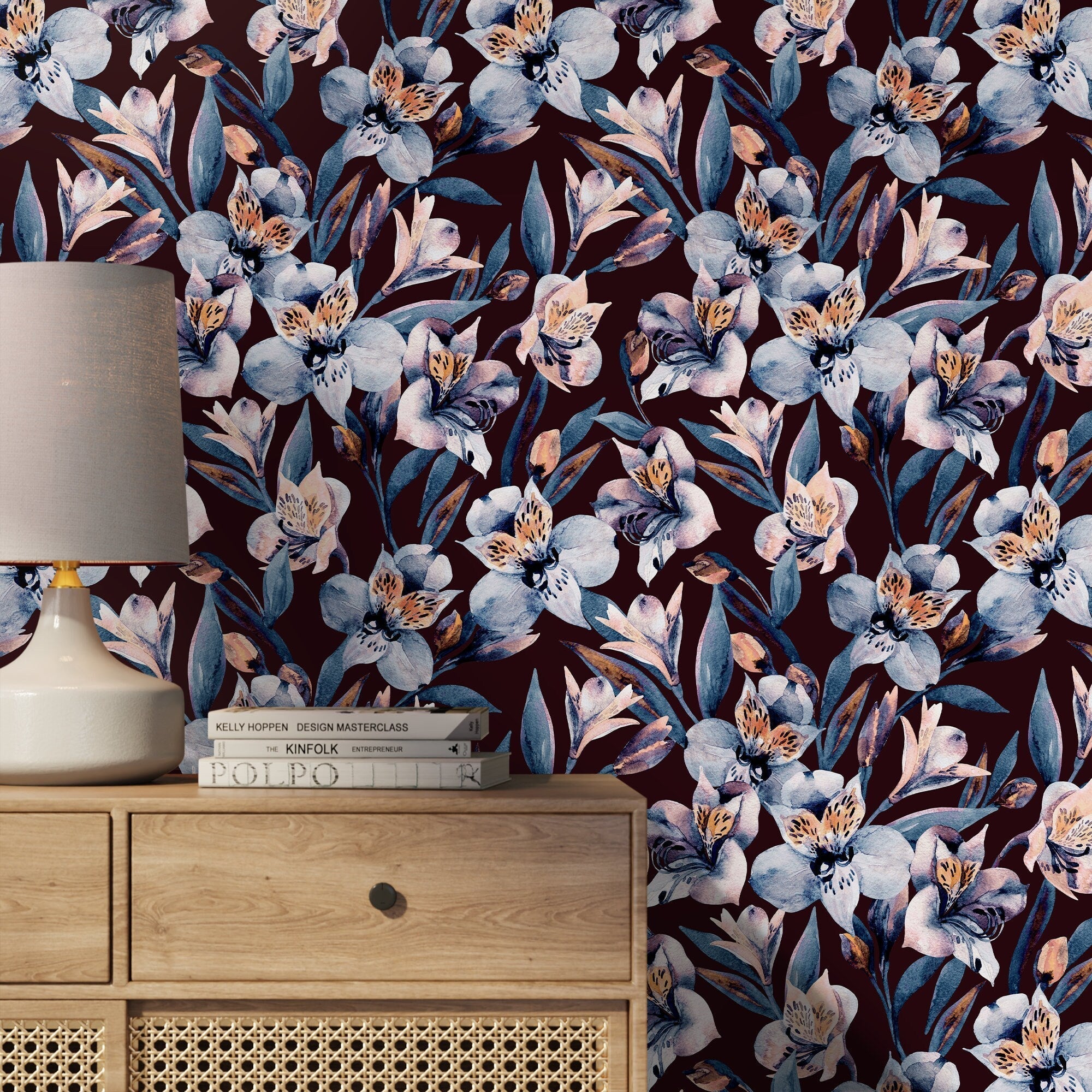Floral Wallpaper Featuring Watercolor Lilies In Blue, Orange, And Burgundy - A942