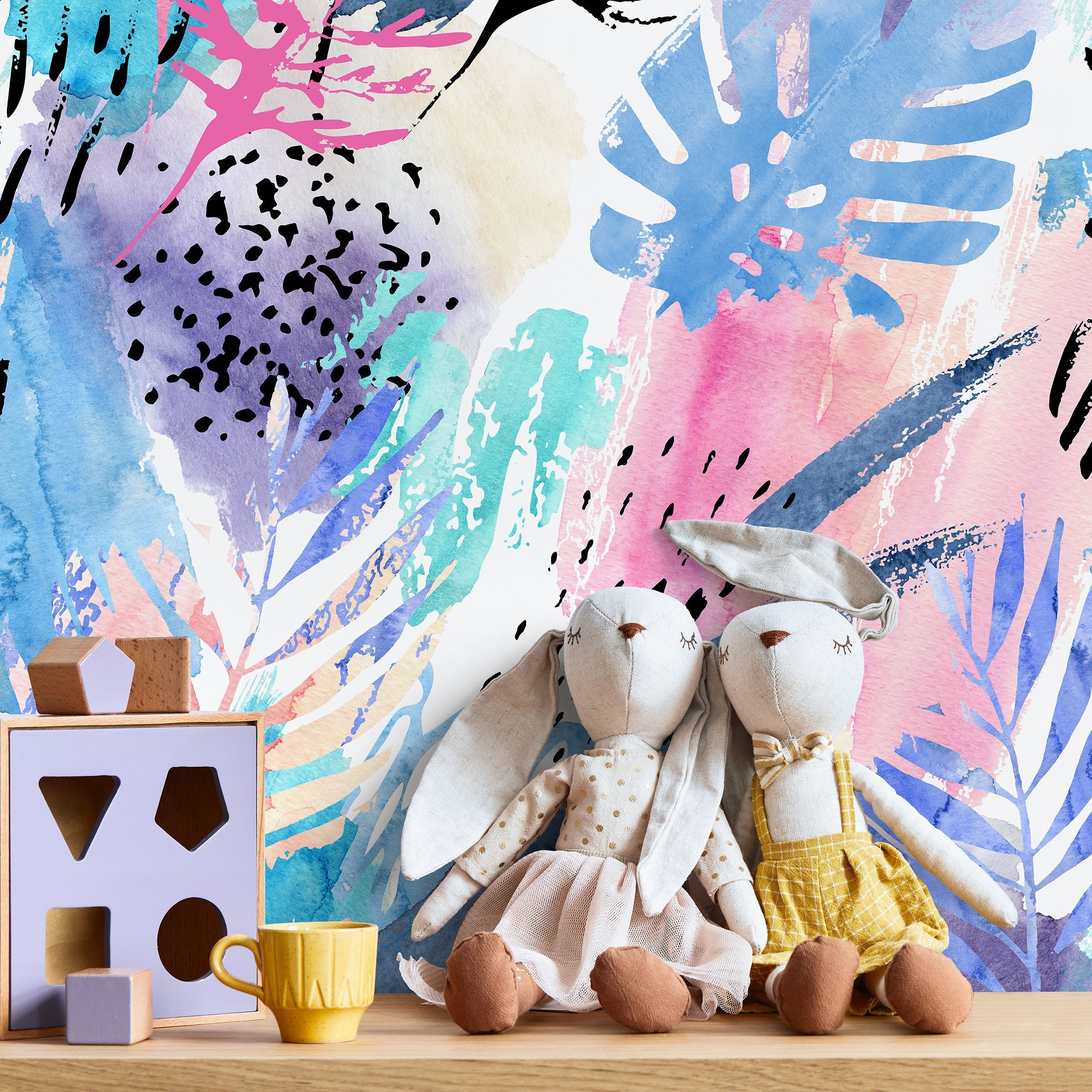 Abstract Wallpaper With Watercolor Tropical Leaves In Blue, Pink, And Purple - A965