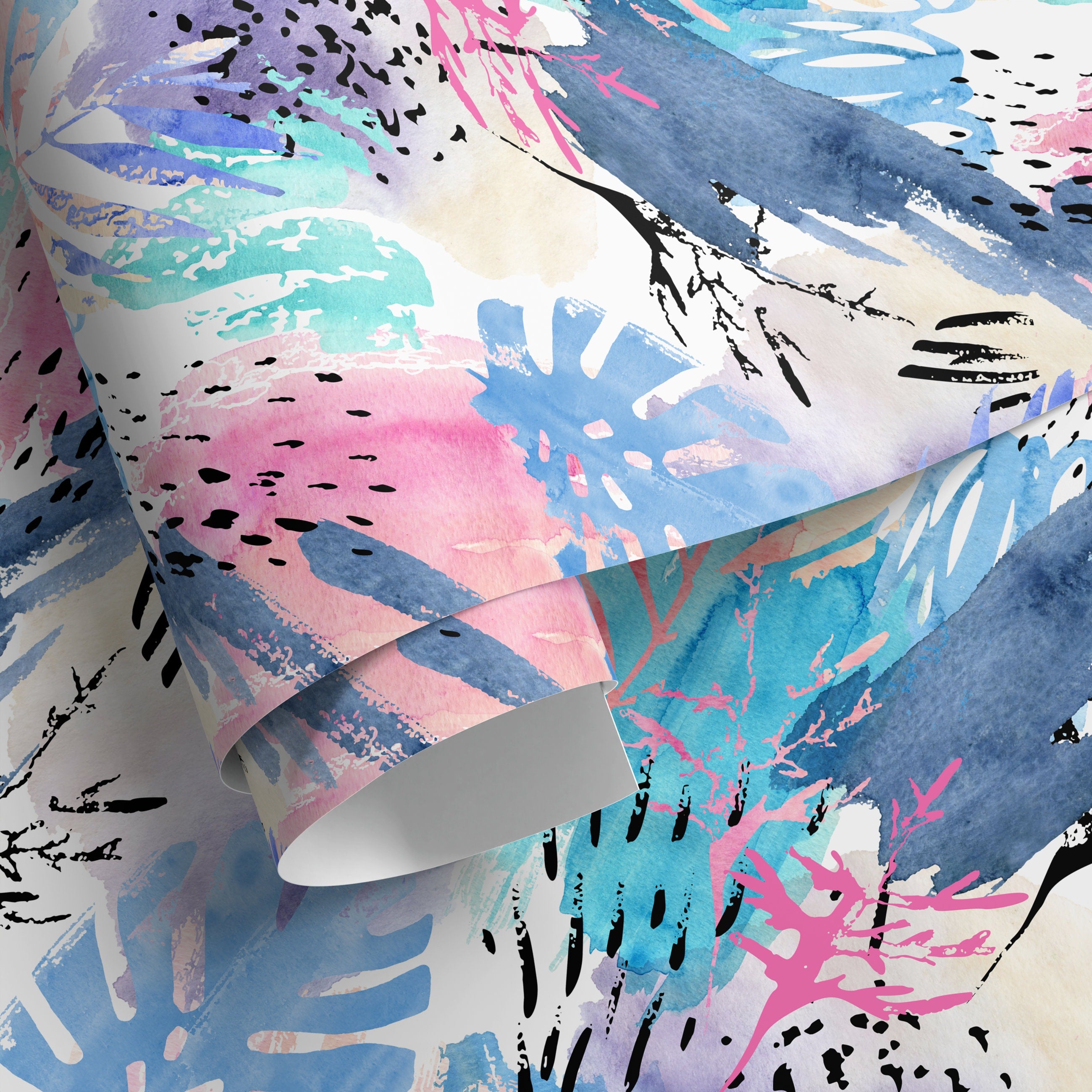 Abstract Wallpaper With Watercolor Tropical Leaves In Blue, Pink, And Purple - A965