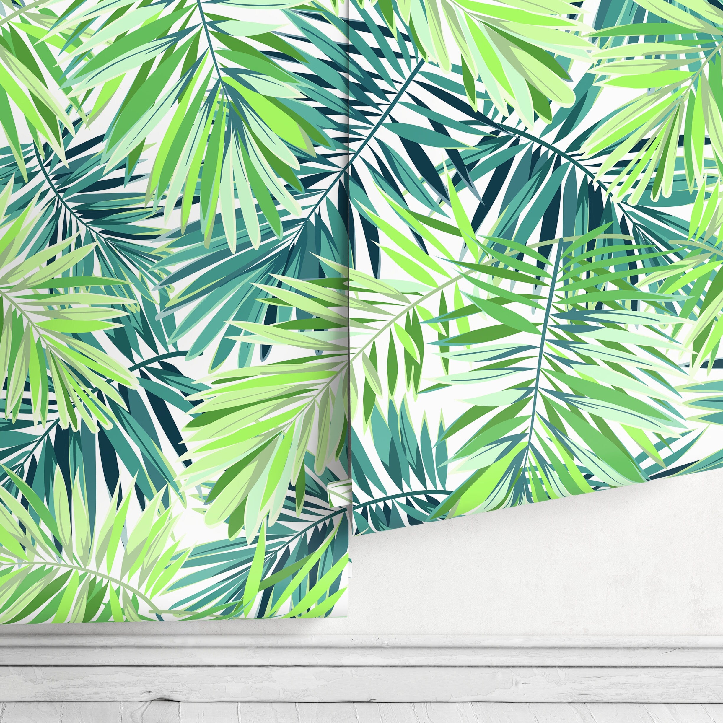Botanical Wallpaper With Layered Palm Fronds In Green And Teal - A011