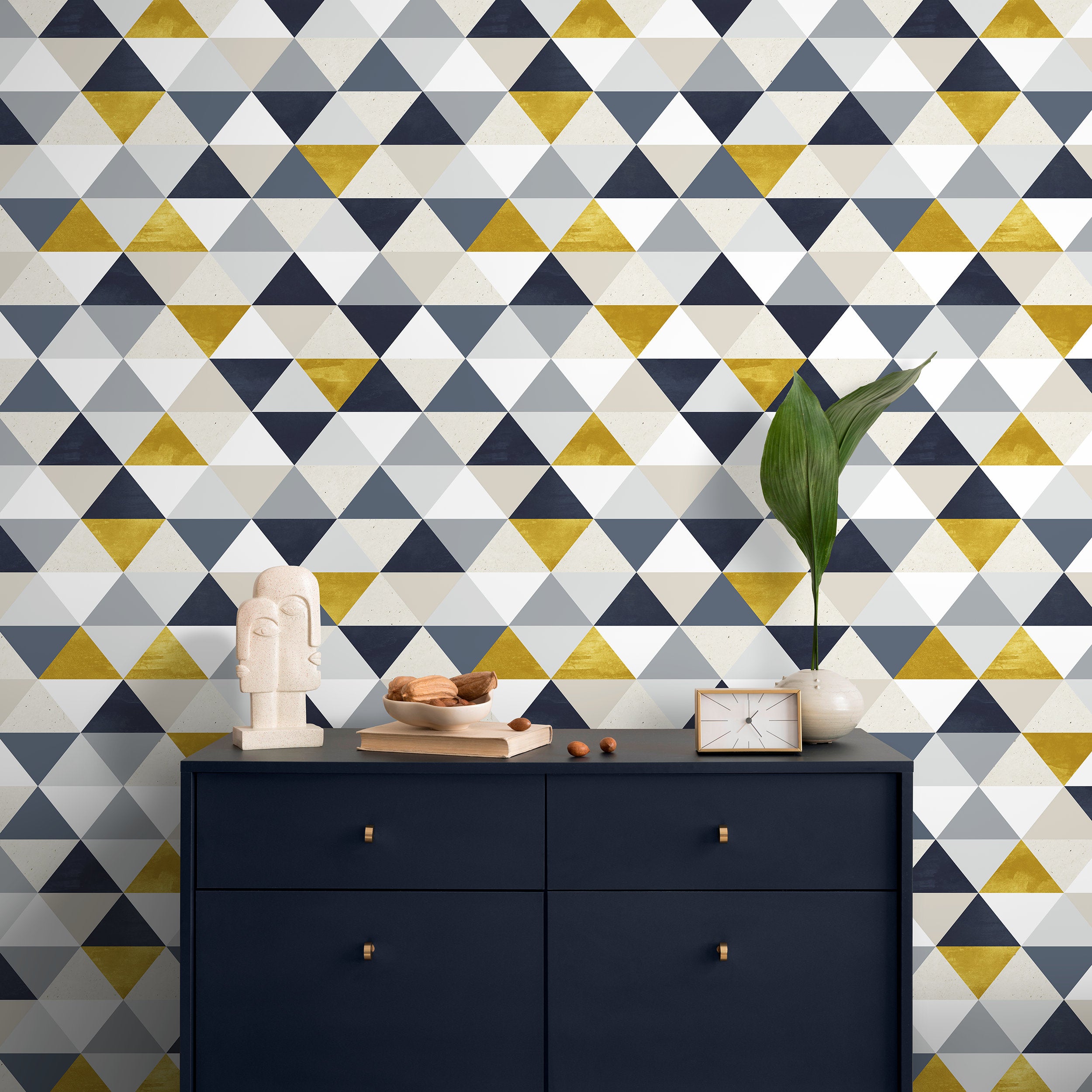 Geometric Wallpaper With A Modern Triangle Motif In Gold, Grey, And Blue - A196