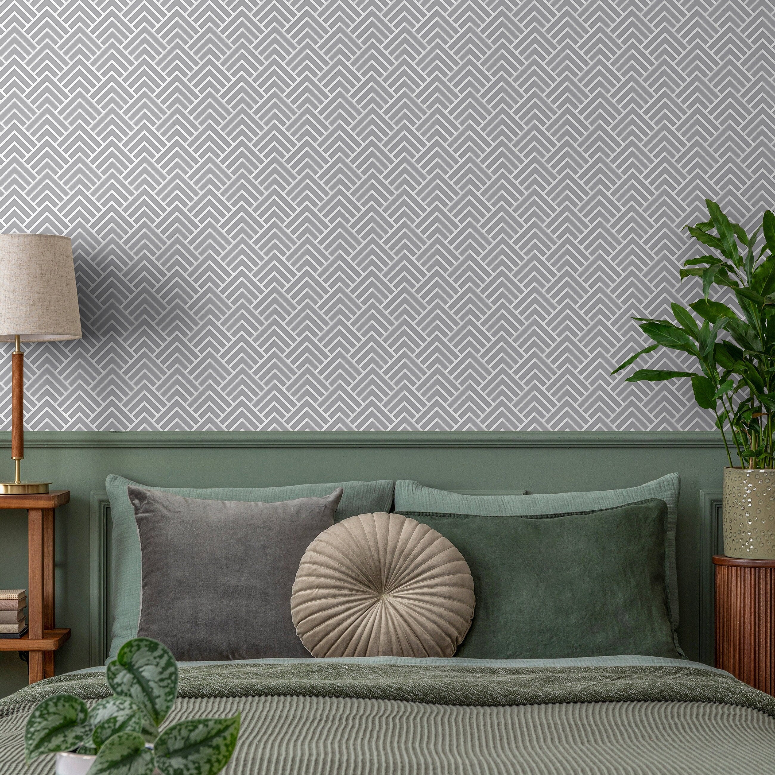 Geometric Wallpaper With An Art Deco-inspired Motif In Grey And White - A329
