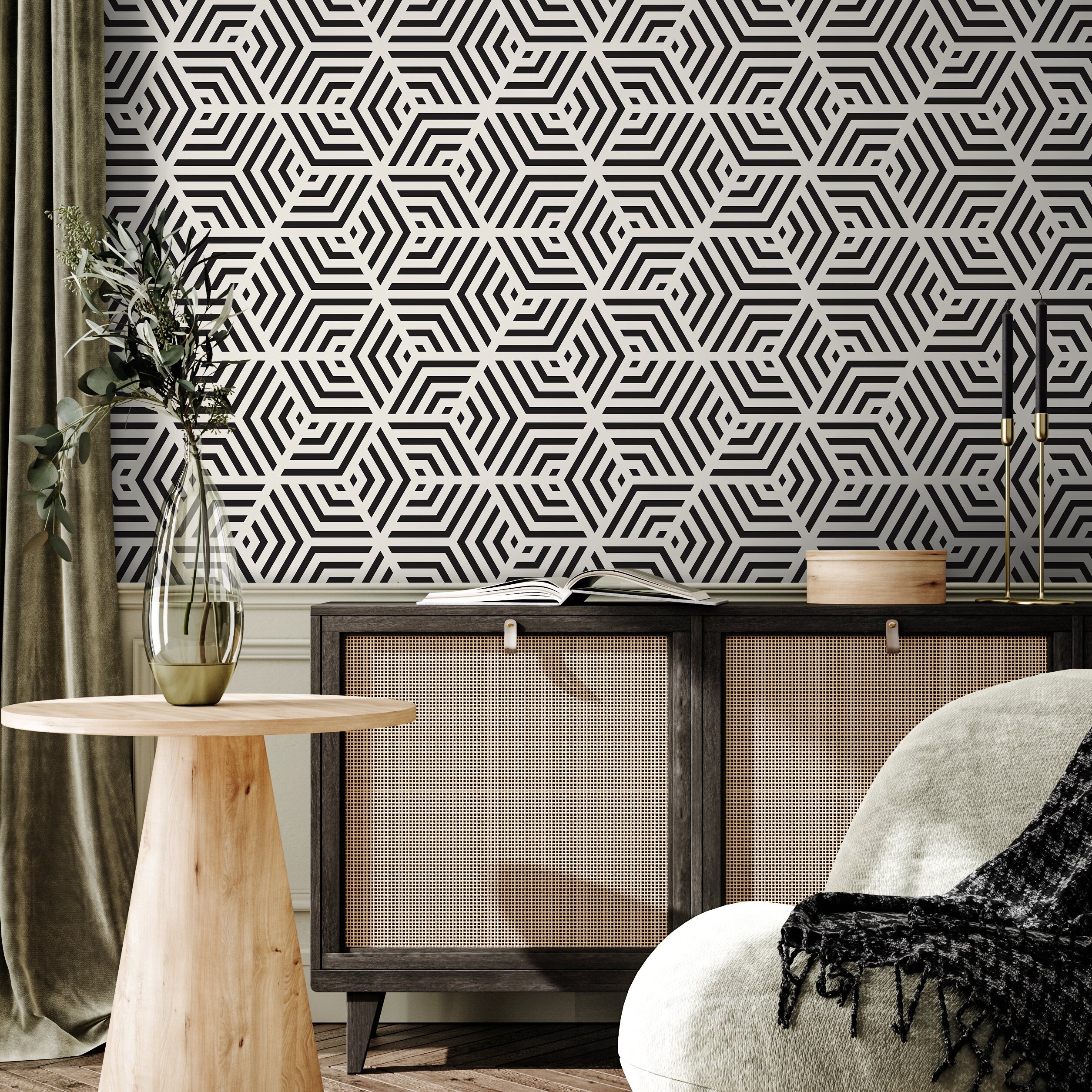 Geometric Wallpaper With An Interlocking Hexagon Motif In Black And White - A331