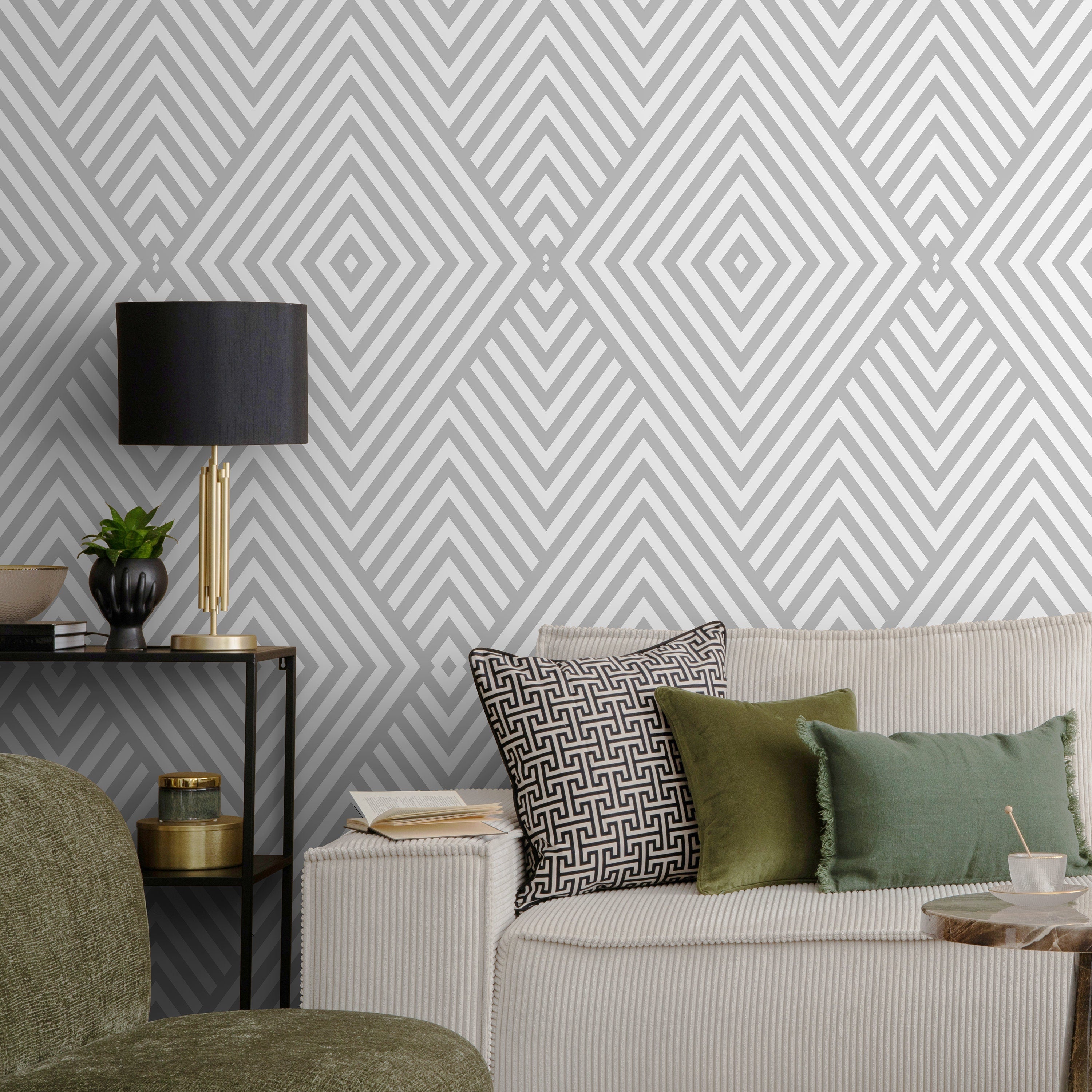 Geometric Wallpaper With A Minimalist Diamond Motif In Gray And White - A335
