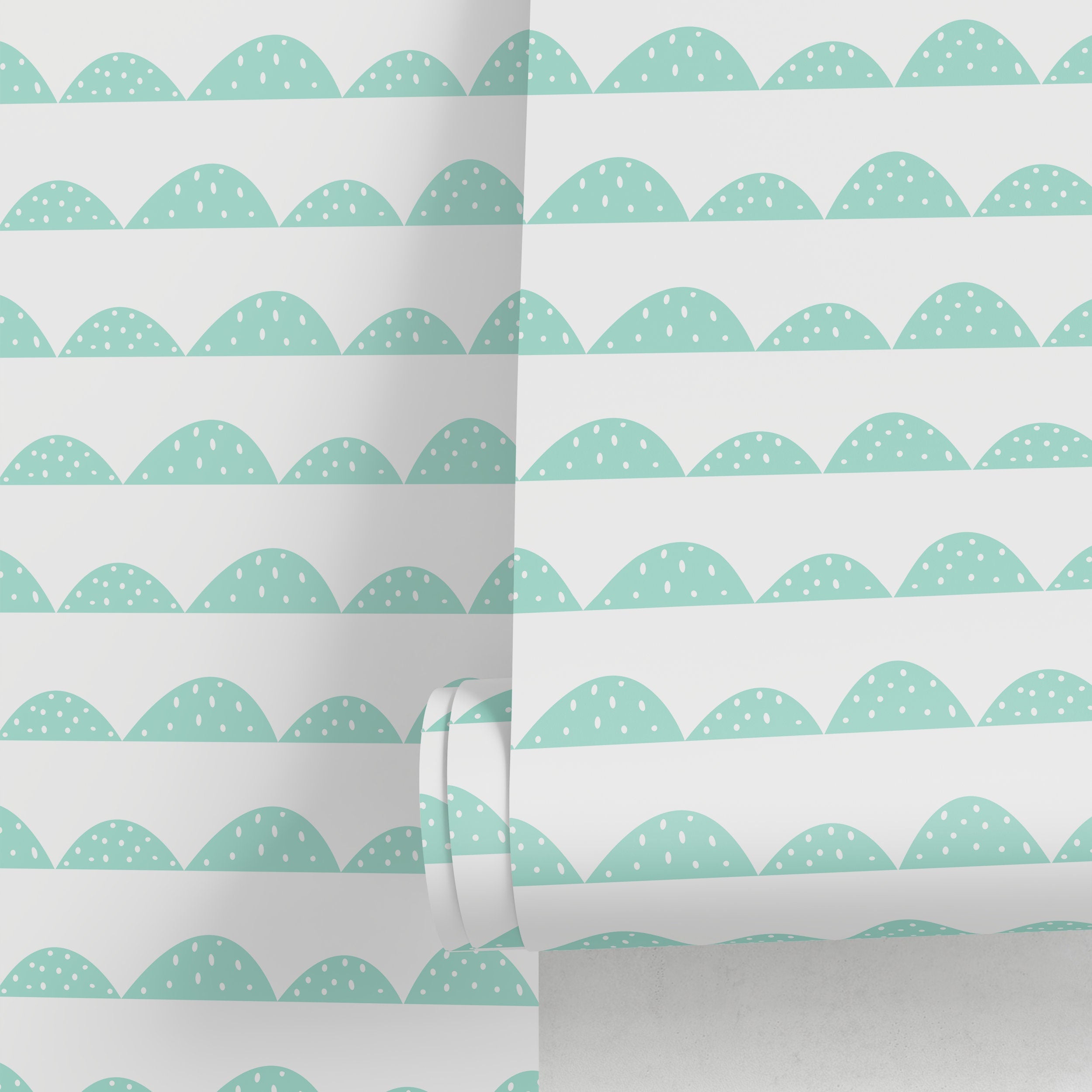 Scalloped Wallpaper With A Dotted Wave Motif In Mint Green - A358