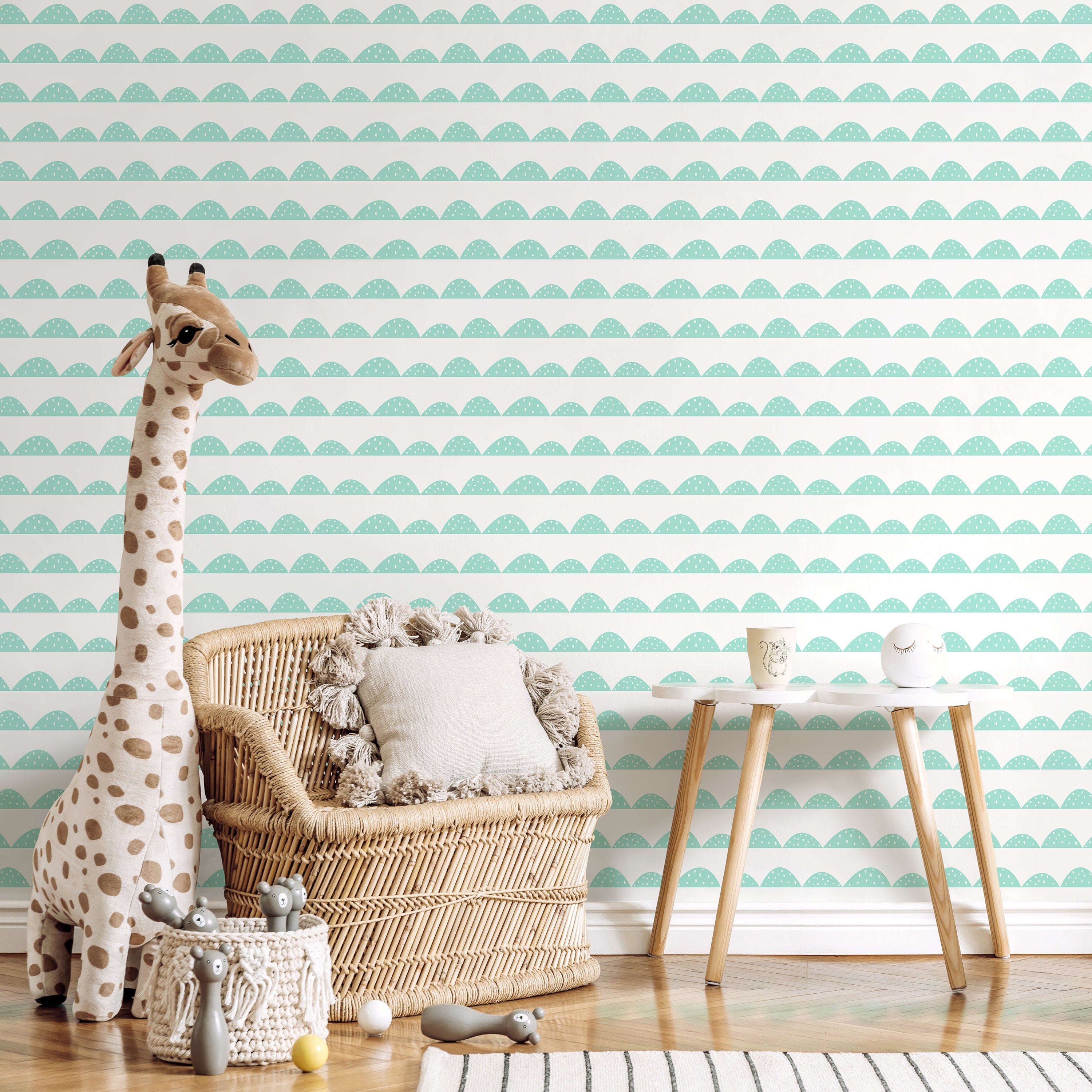 Scalloped Wallpaper With A Dotted Wave Motif In Mint Green - A358