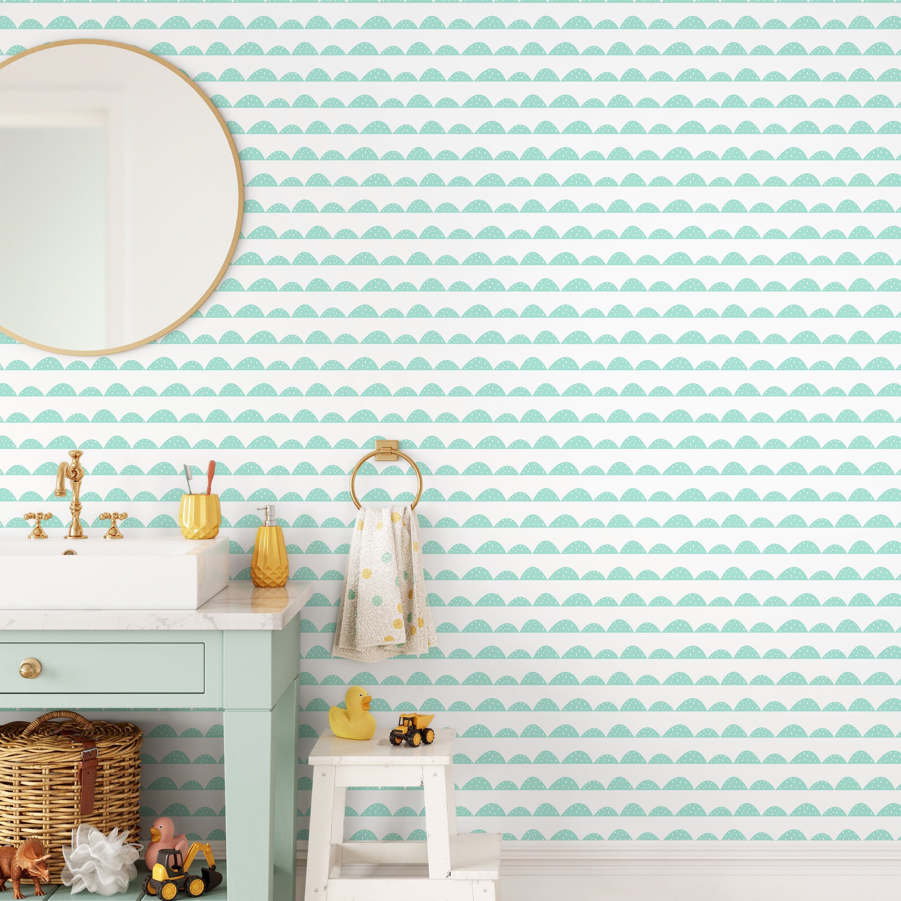 Scalloped Wallpaper With A Dotted Wave Motif In Mint Green - A358