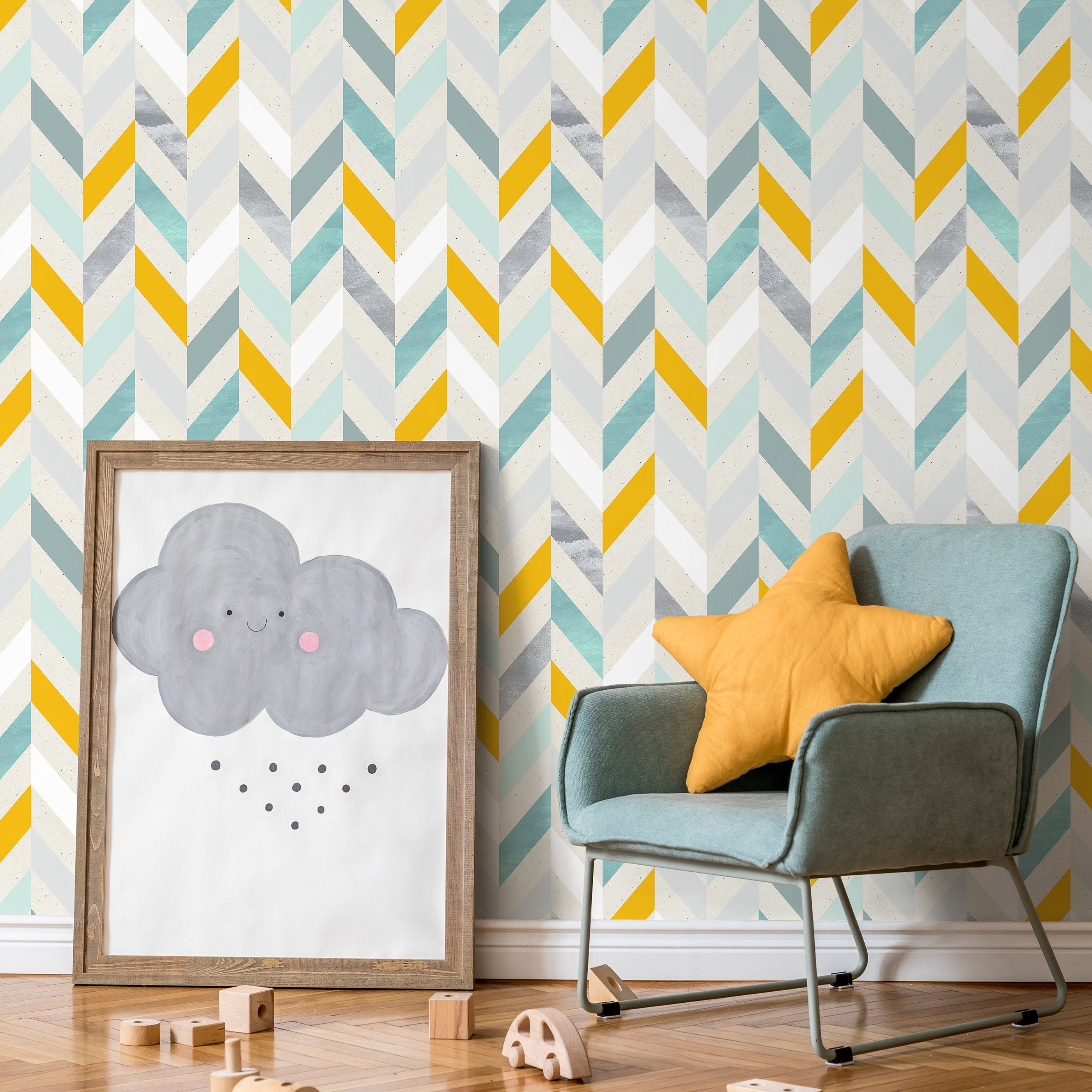 Geometric Wallpaper With A Modern Herringbone Motif In Yellow, Teal, And Grey - A360
