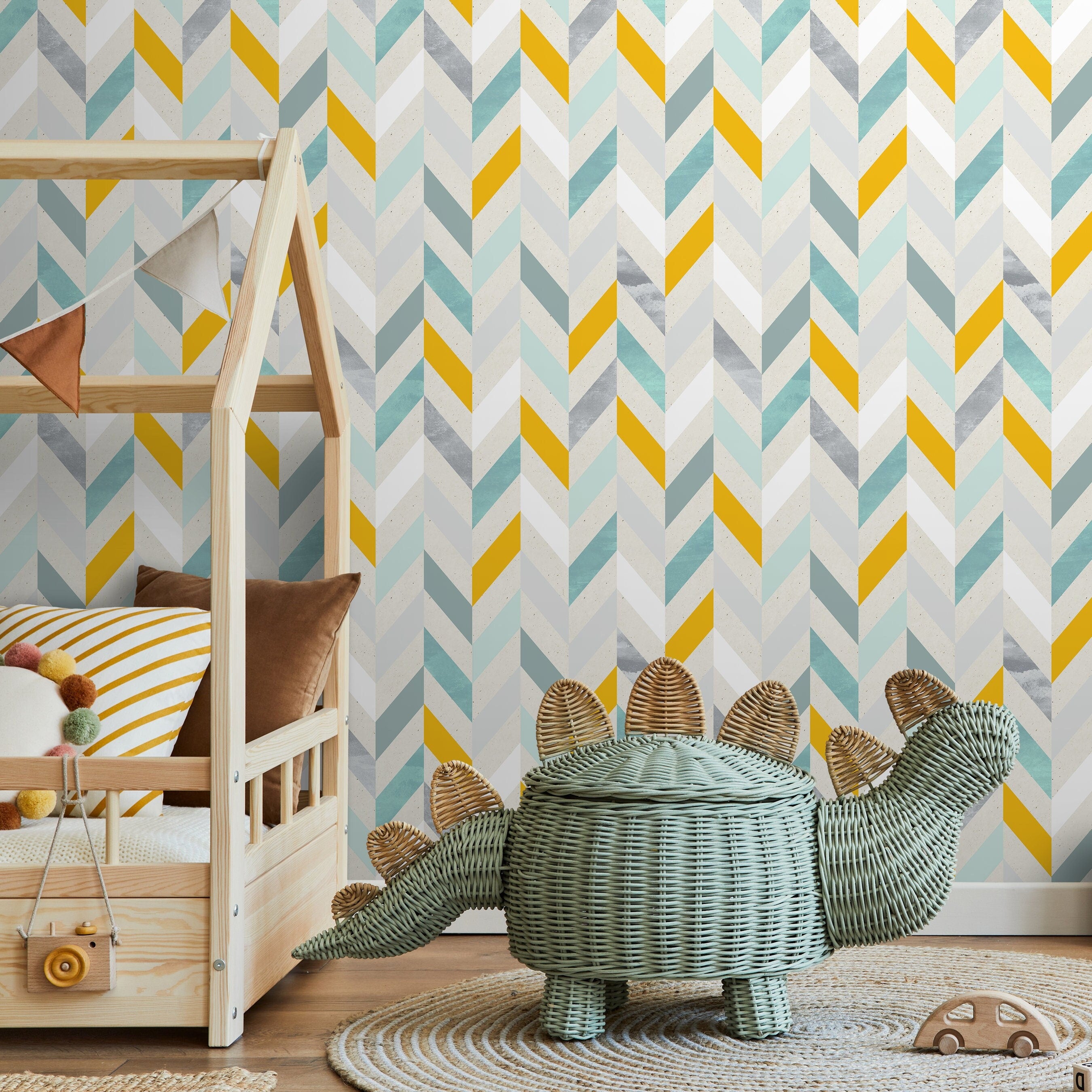 Geometric Wallpaper With A Modern Herringbone Motif In Yellow, Teal, And Grey - A360