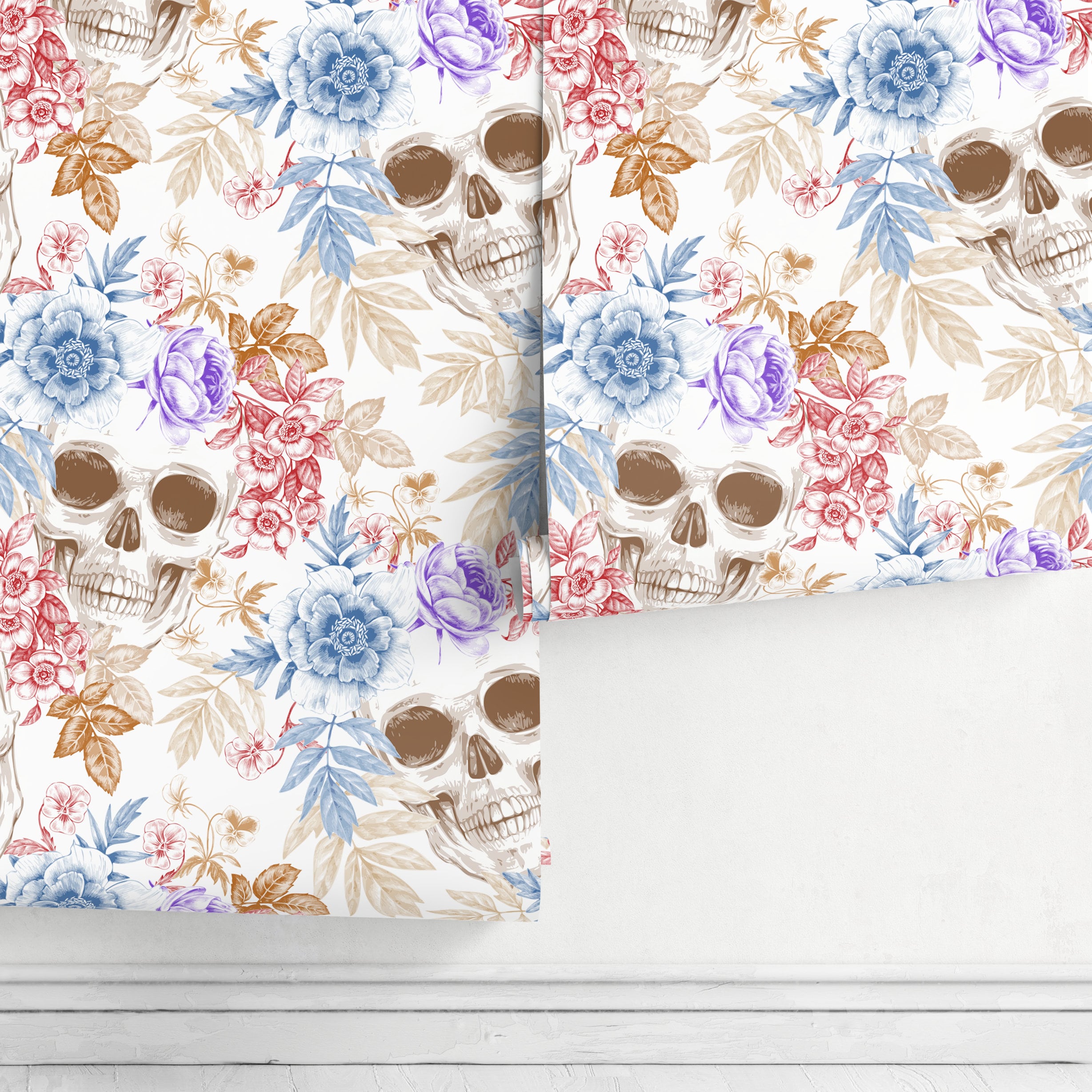 Gothic Wallpaper With A Floral Skull Motif In Blue, Red, And Purple - A364