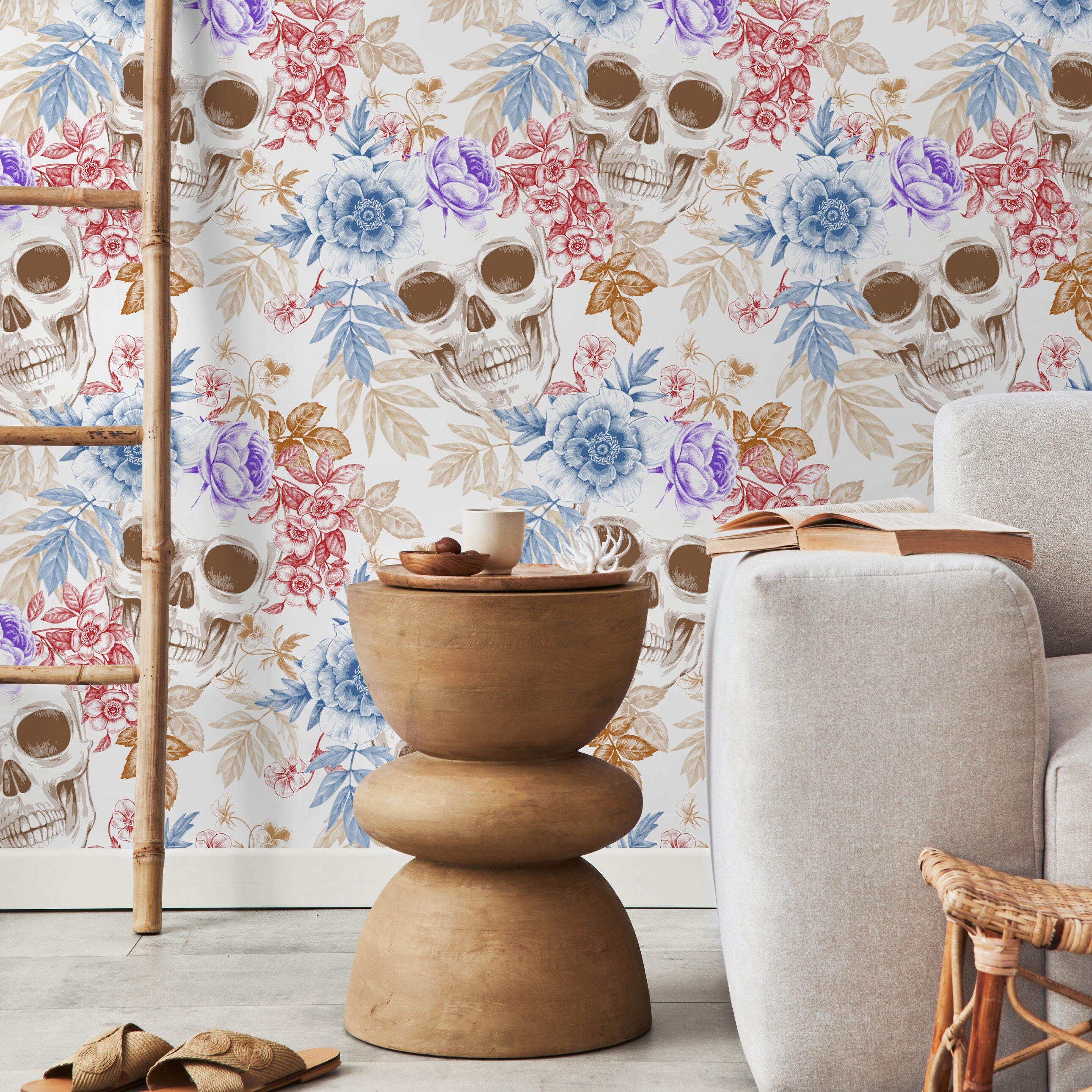 Gothic Wallpaper With A Floral Skull Motif In Blue, Red, And Purple - A364
