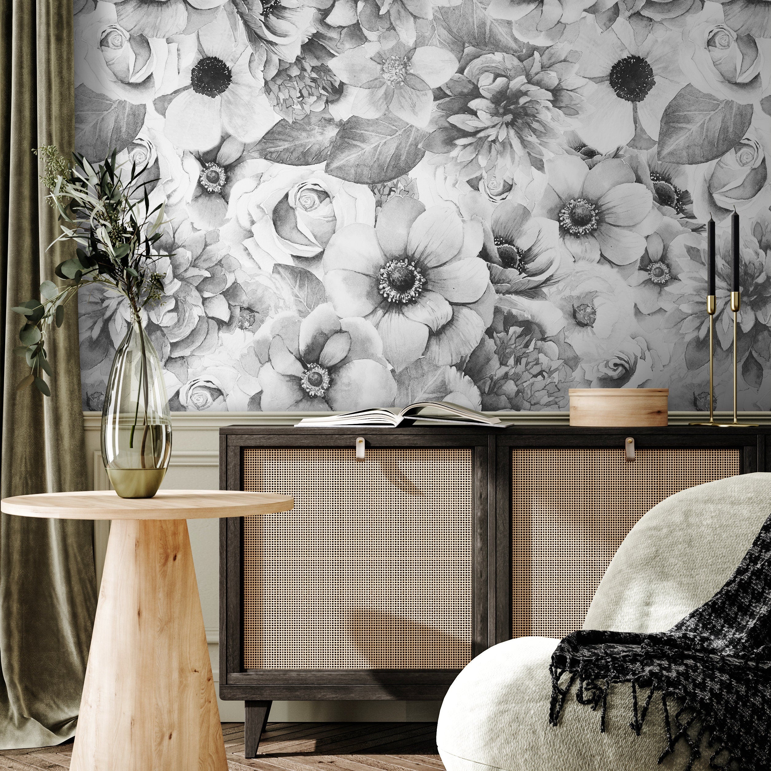 Floral Wallpaper With A Detailed Sketch Of Garden Blooms In Grayscale - A366