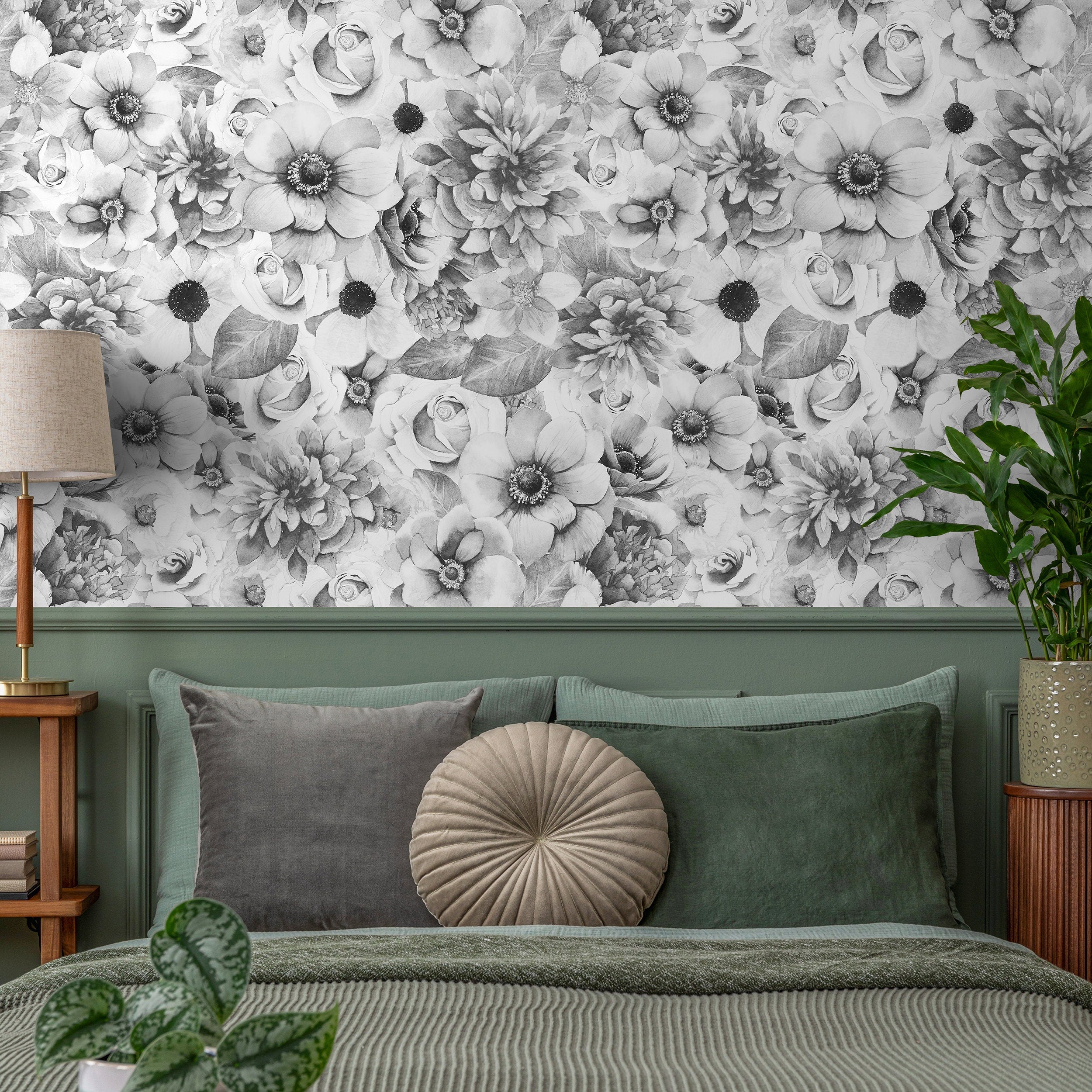 Floral Wallpaper With A Detailed Sketch Of Garden Blooms In Grayscale - A366