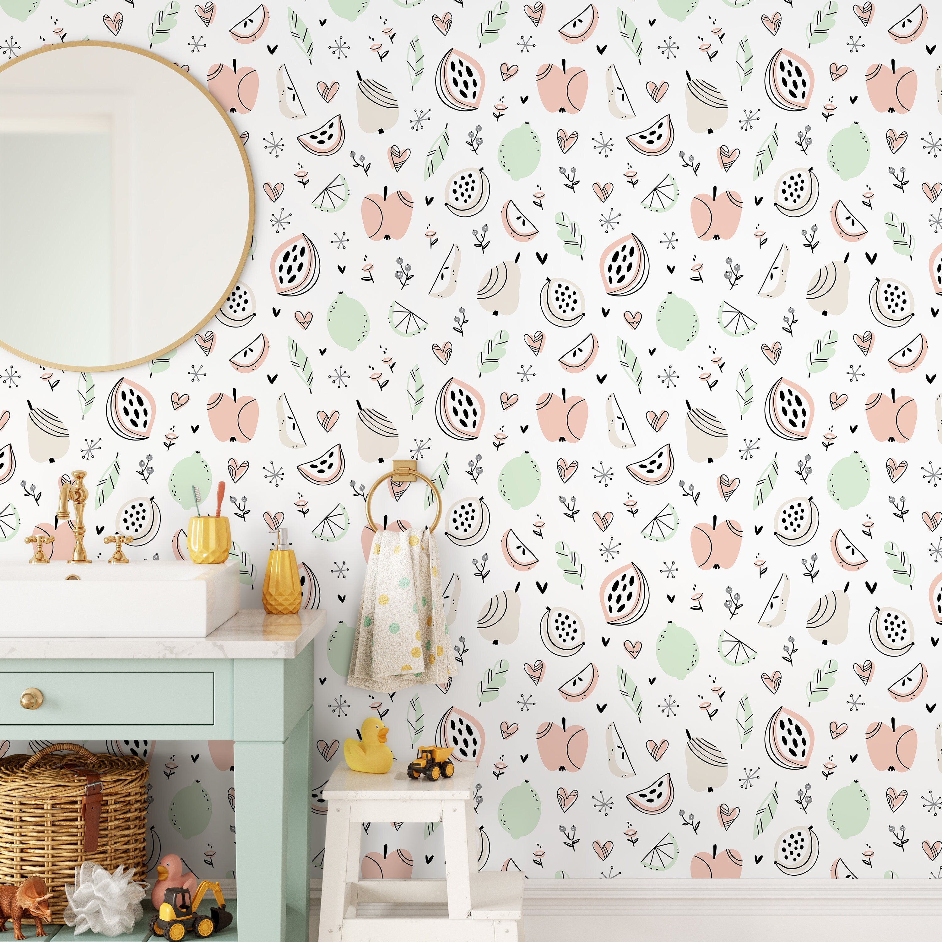 Fruit Wallpaper Featuring Hand-drawn Illustrations In Pink, Green, And Beige - A367