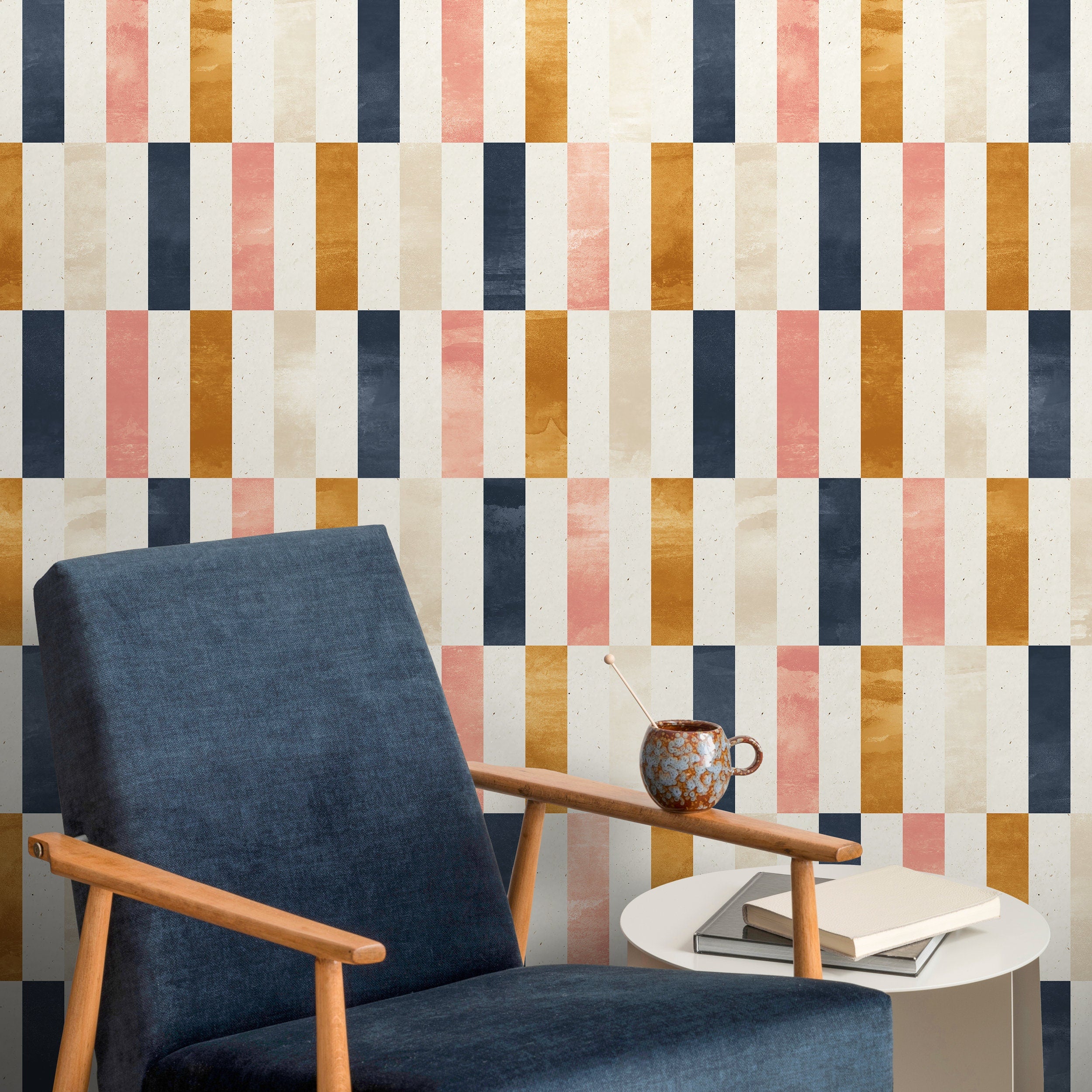 Geometric Wallpaper With A Rectangular Block Pattern In Blue, Pink, And Gold - A375