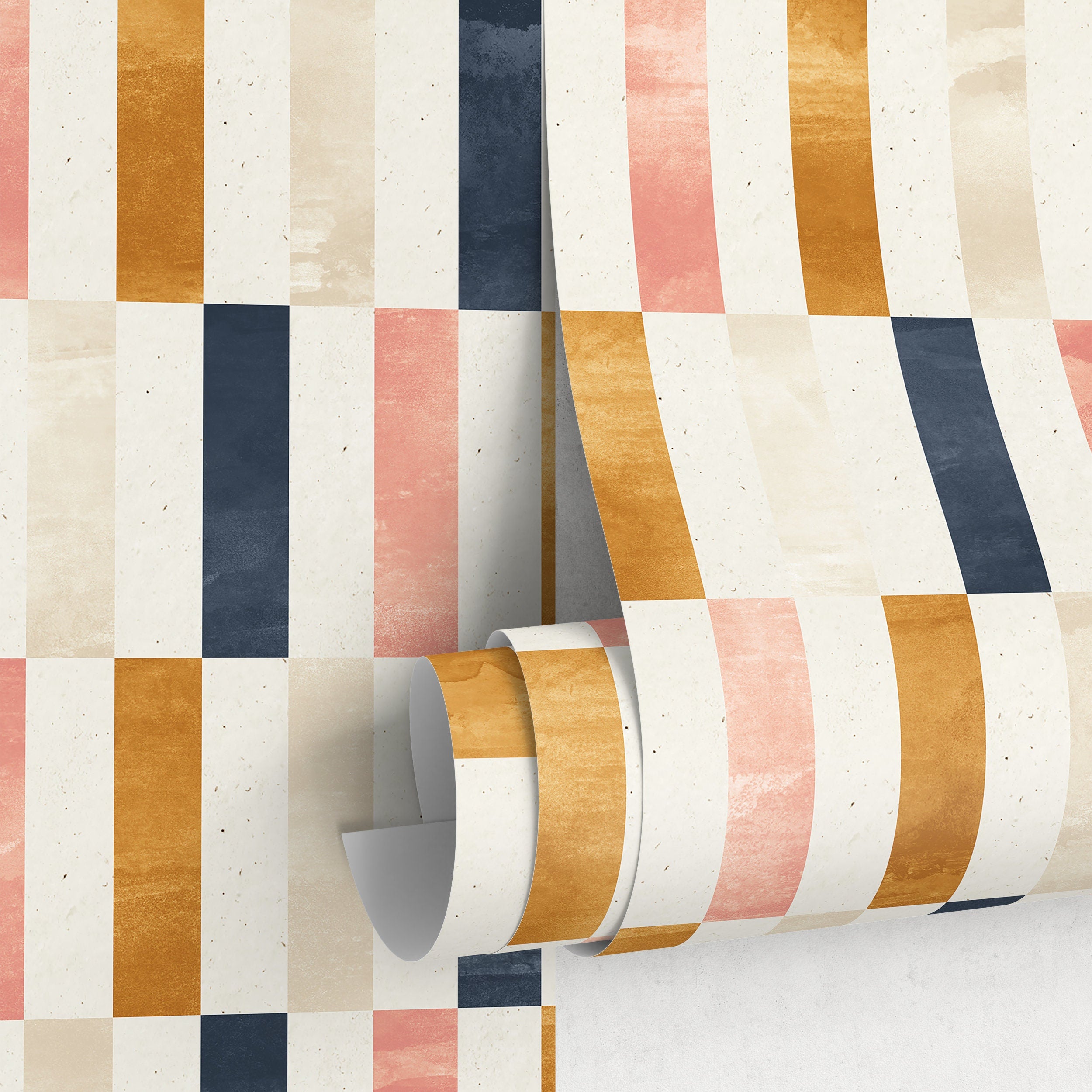 Geometric Wallpaper With A Rectangular Block Pattern In Blue, Pink, And Gold - A375