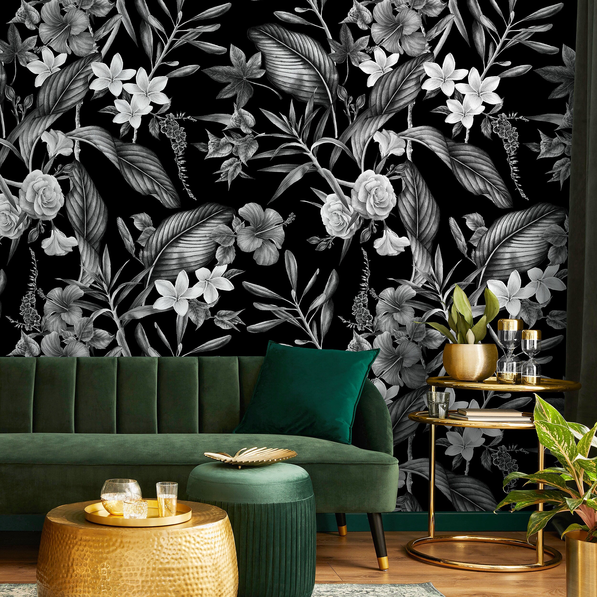 Botanical Wallpaper With Vintage Tropical Florals In Black And White - A382