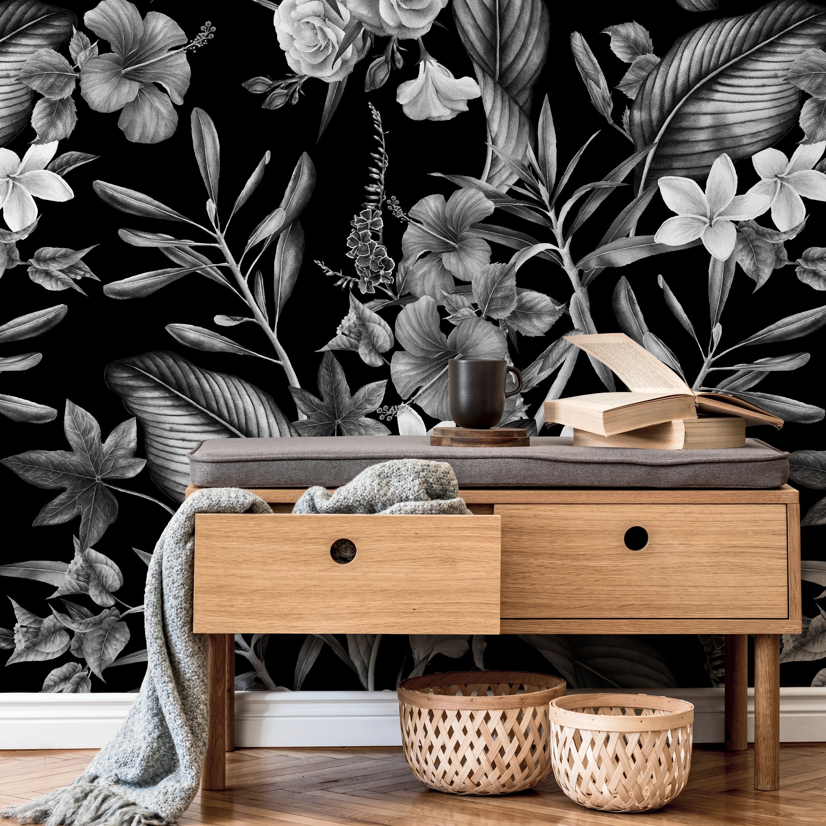 Botanical Wallpaper With Vintage Tropical Florals In Black And White - A382
