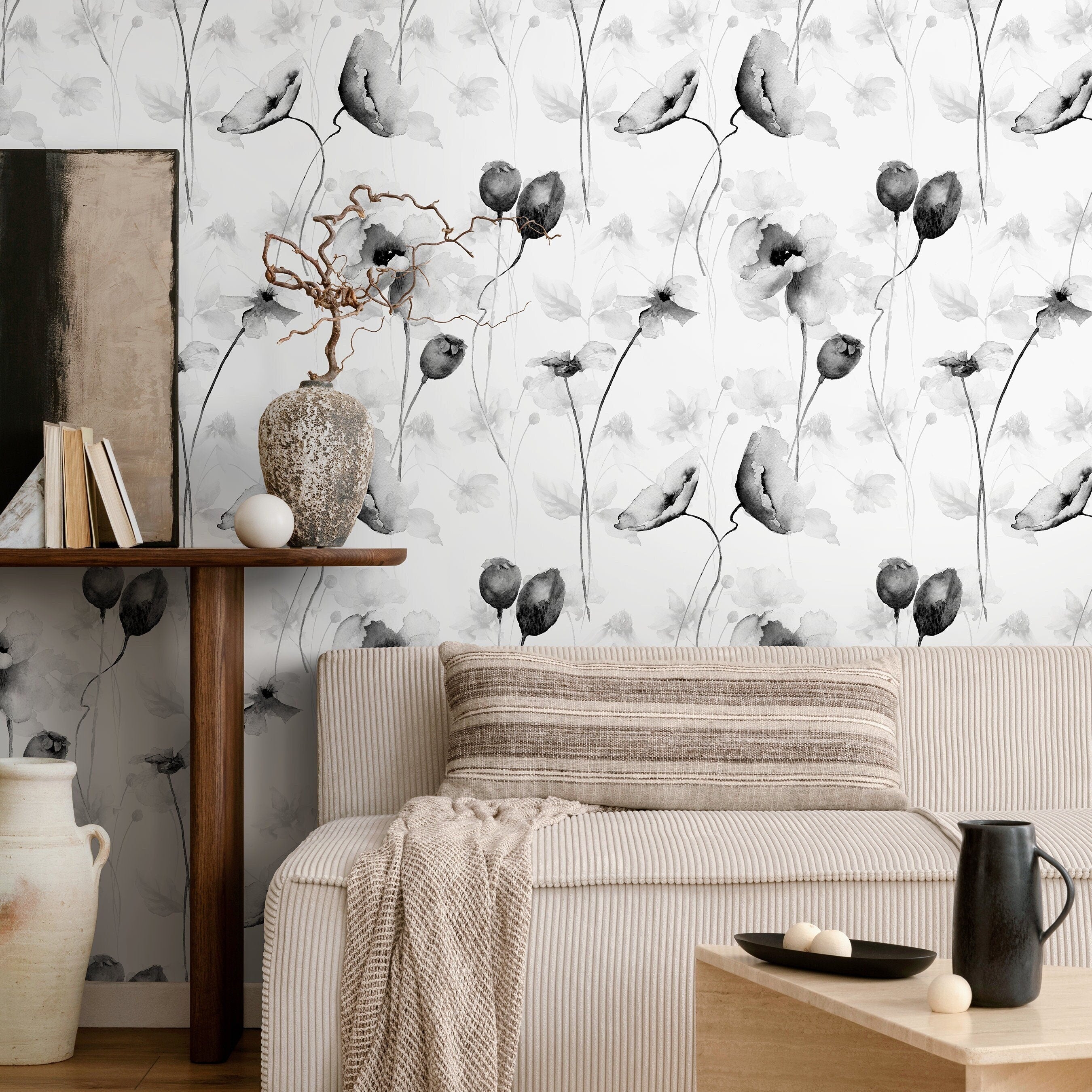 Floral Wallpaper With Watercolor Poppies In Black And White - A383