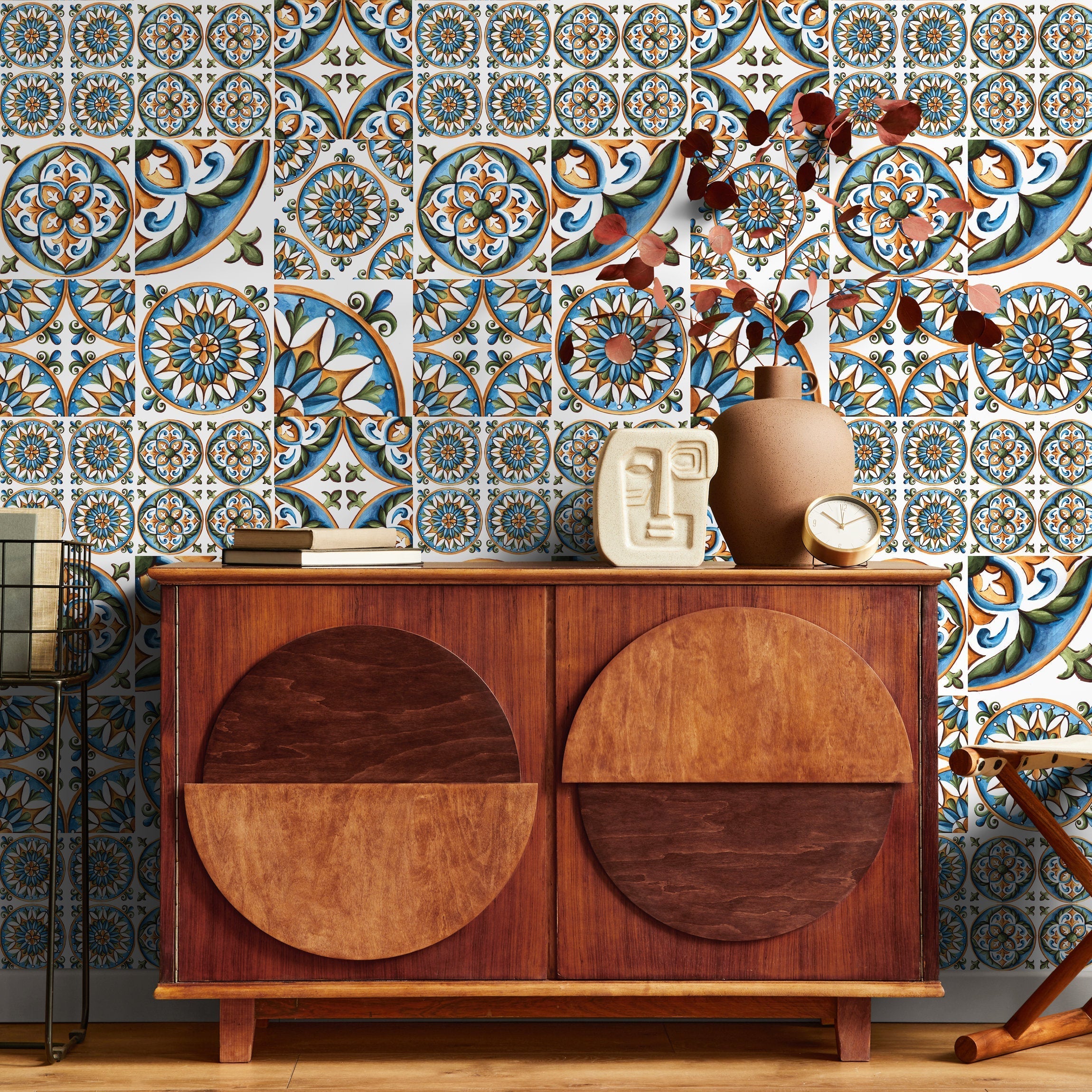 Tile Wallpaper With A Portuguese Azulejos Motif In Blue, Orange, And Green - A388