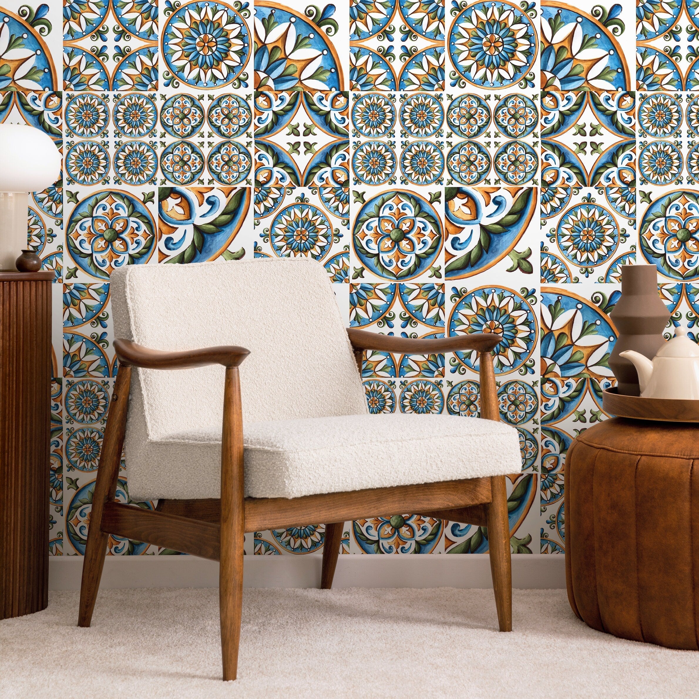 Tile Wallpaper With A Portuguese Azulejos Motif In Blue, Orange, And Green - A388