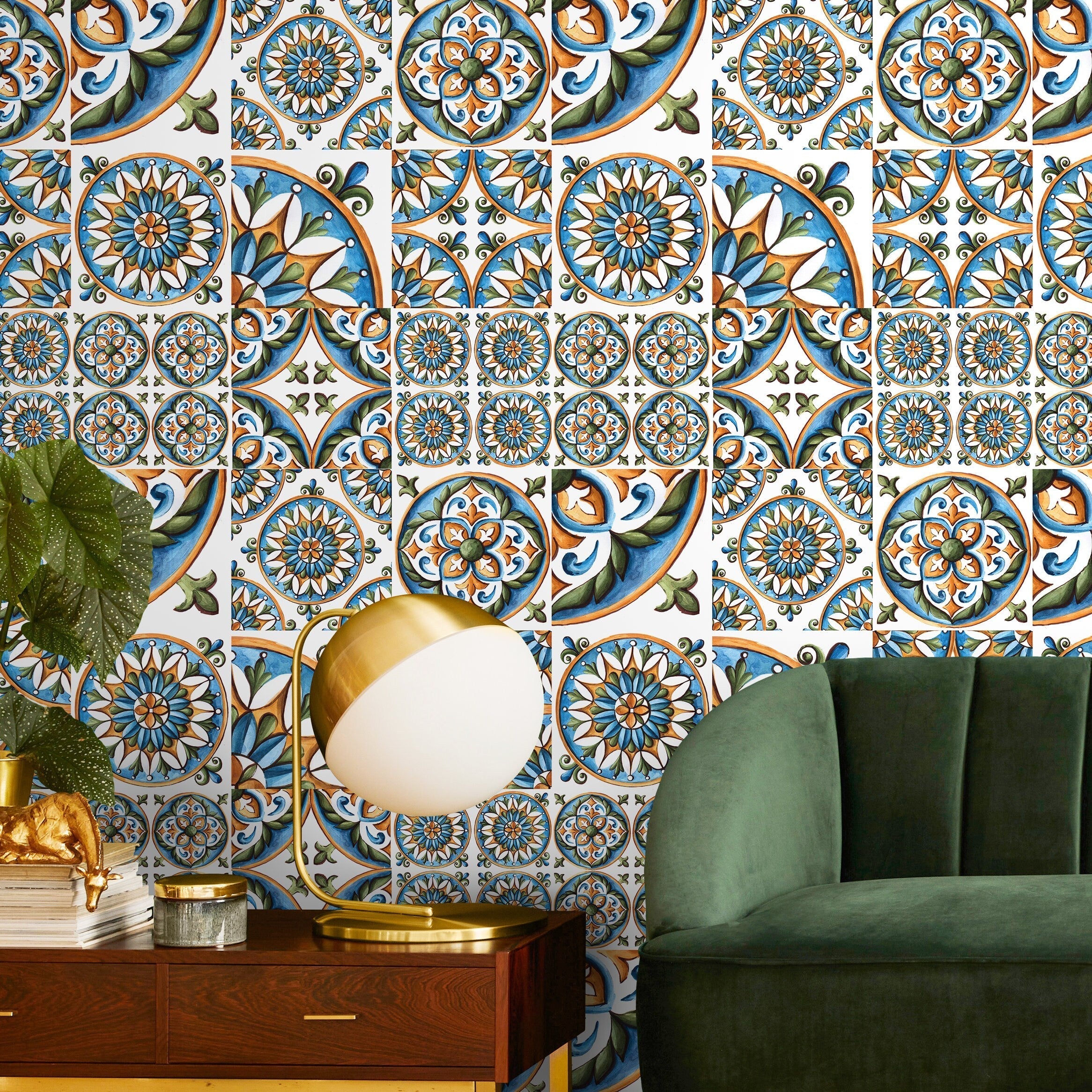Tile Wallpaper With A Portuguese Azulejos Motif In Blue, Orange, And Green - A388