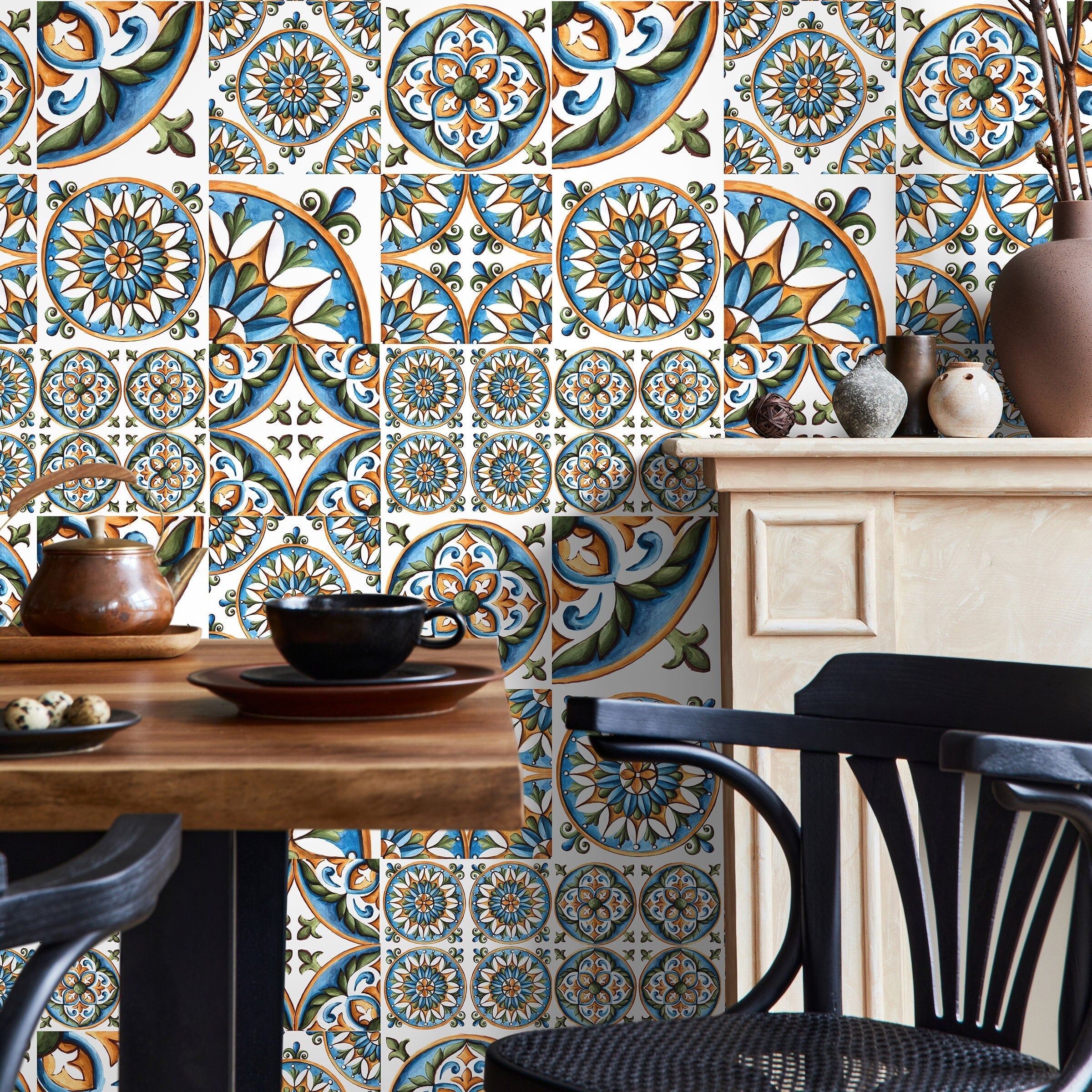 Tile Wallpaper With A Portuguese Azulejos Motif In Blue, Orange, And Green - A388