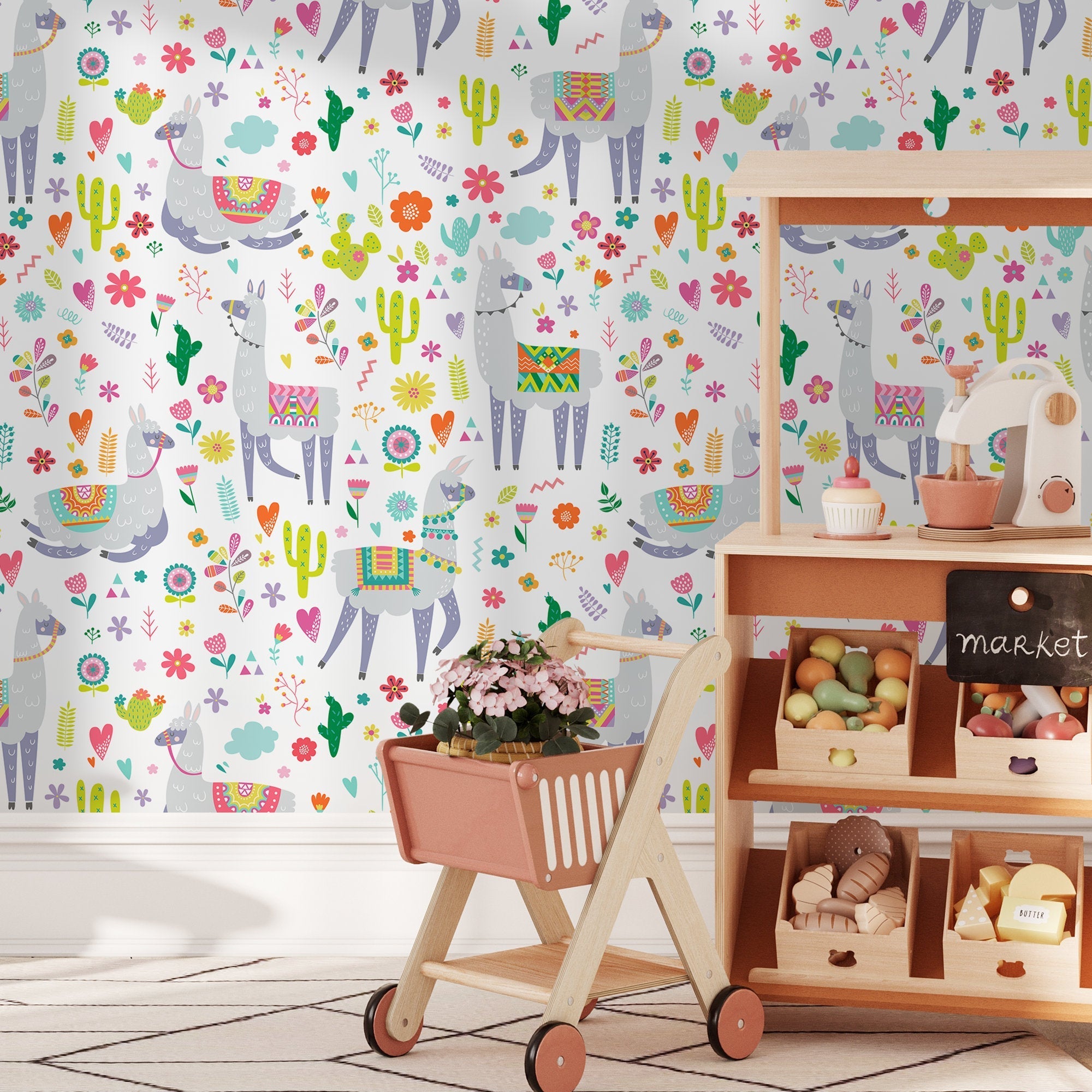Kids Wallpaper With Whimsical Llamas In Pink, Green, And Orange - A389