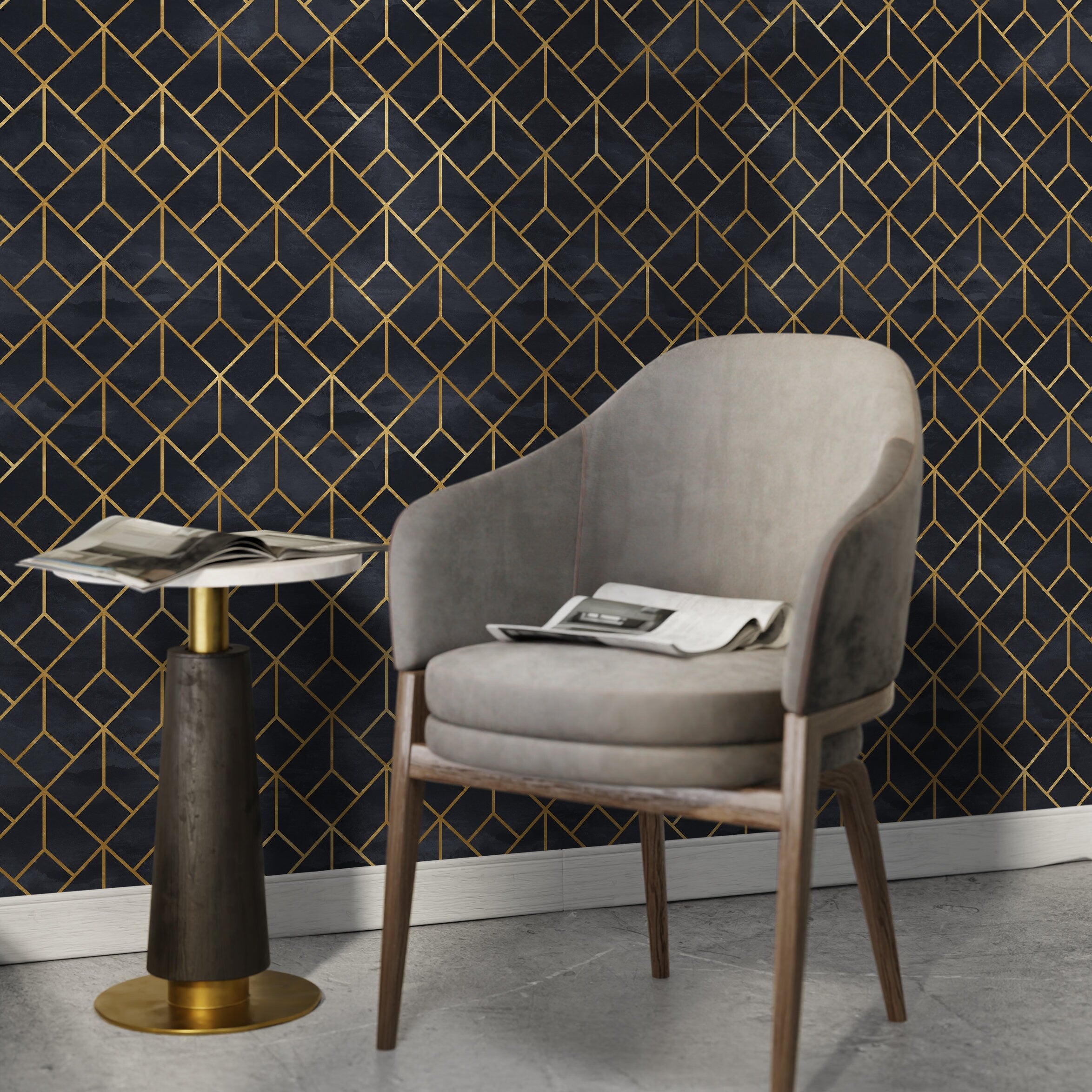 Art Deco Wallpaper With An Interlocking Line Motif In Black And Gold - A392