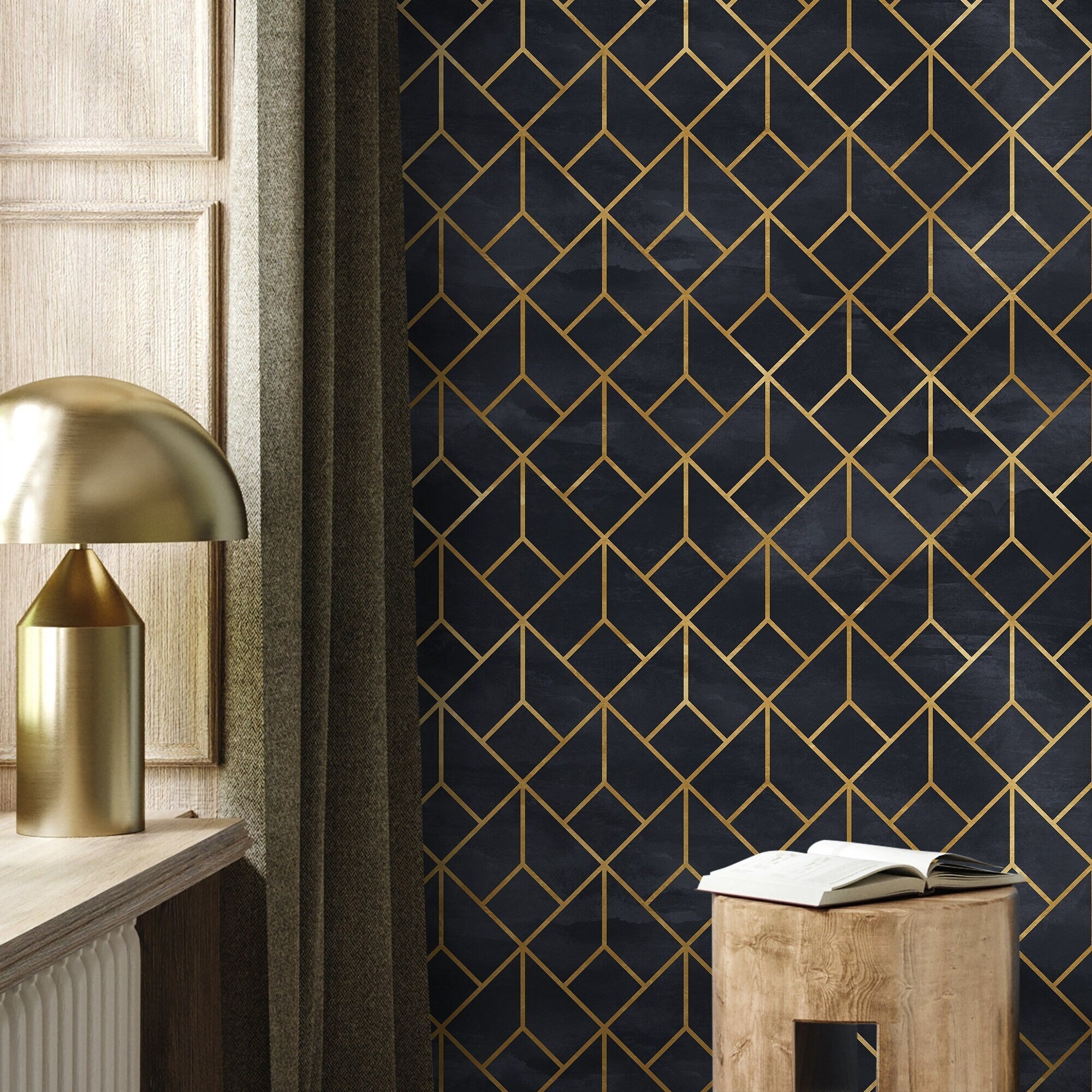 Art Deco Wallpaper With An Interlocking Line Motif In Black And Gold - A392