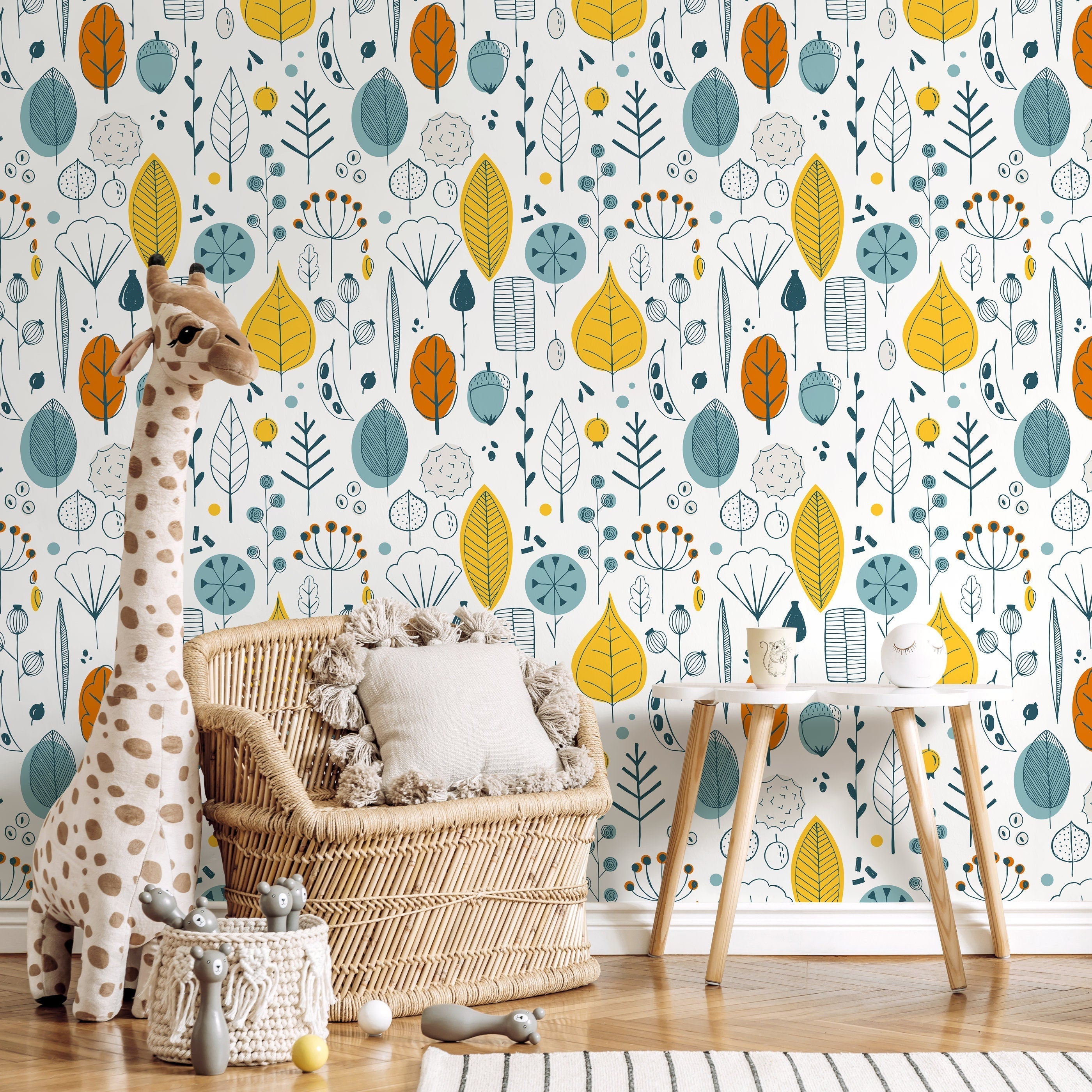 Botanical Wallpaper With A Scandinavian Forest Motif In Yellow, Teal, And Orange - A398