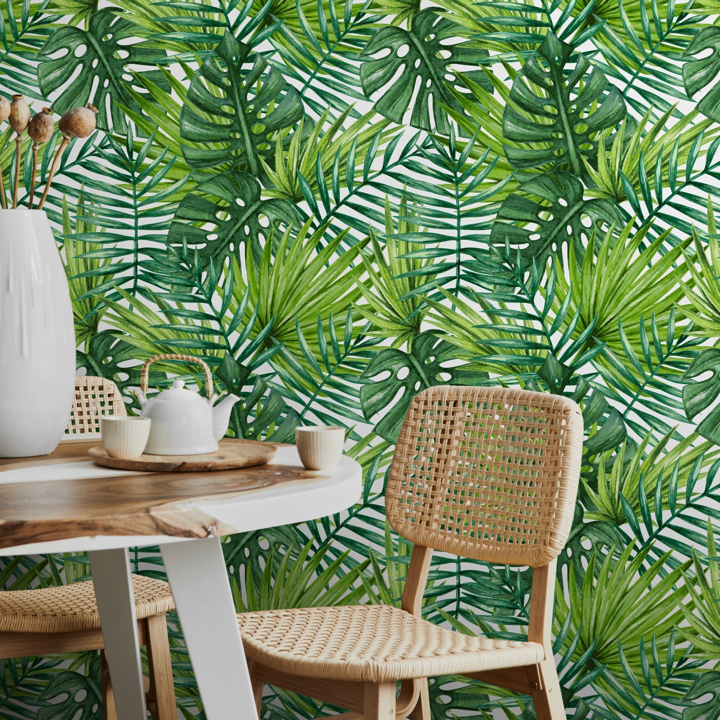 Tropical Wallpaper Featuring Lush Monstera And Palm Leaves In Green - A399
