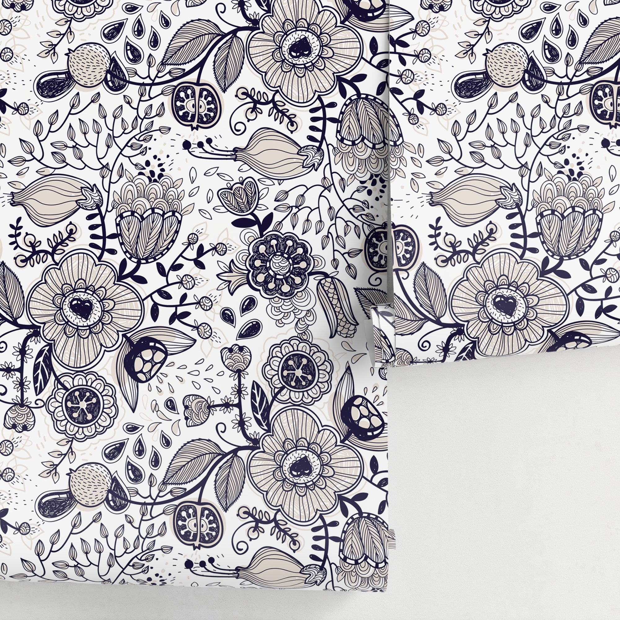 Floral Wallpaper Featuring Intricate Line Art In Dark Blue And Beige - A406