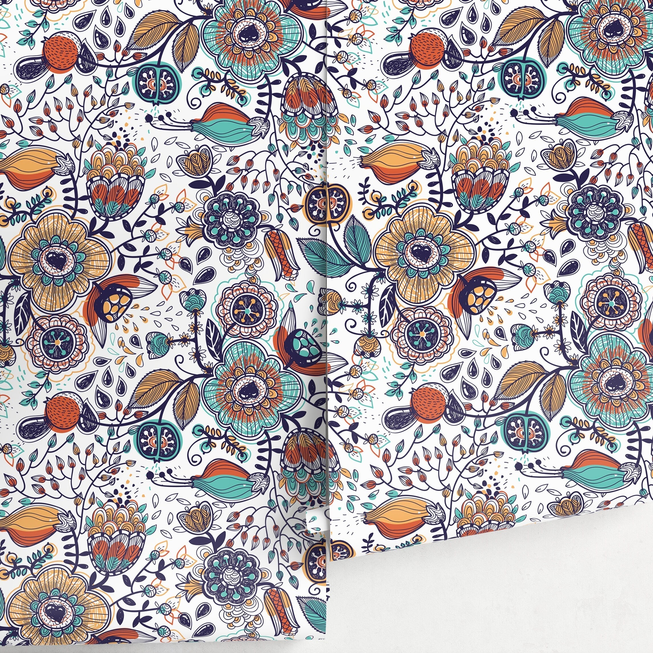 Botanical Wallpaper With Folk Art Florals In Teal, Orange, And Blue - A407